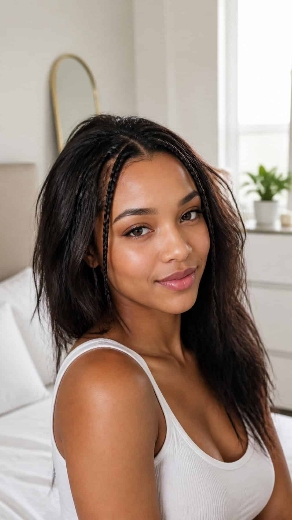 A woman wearing neat mini front braids with the rest of her hair styled naturally.