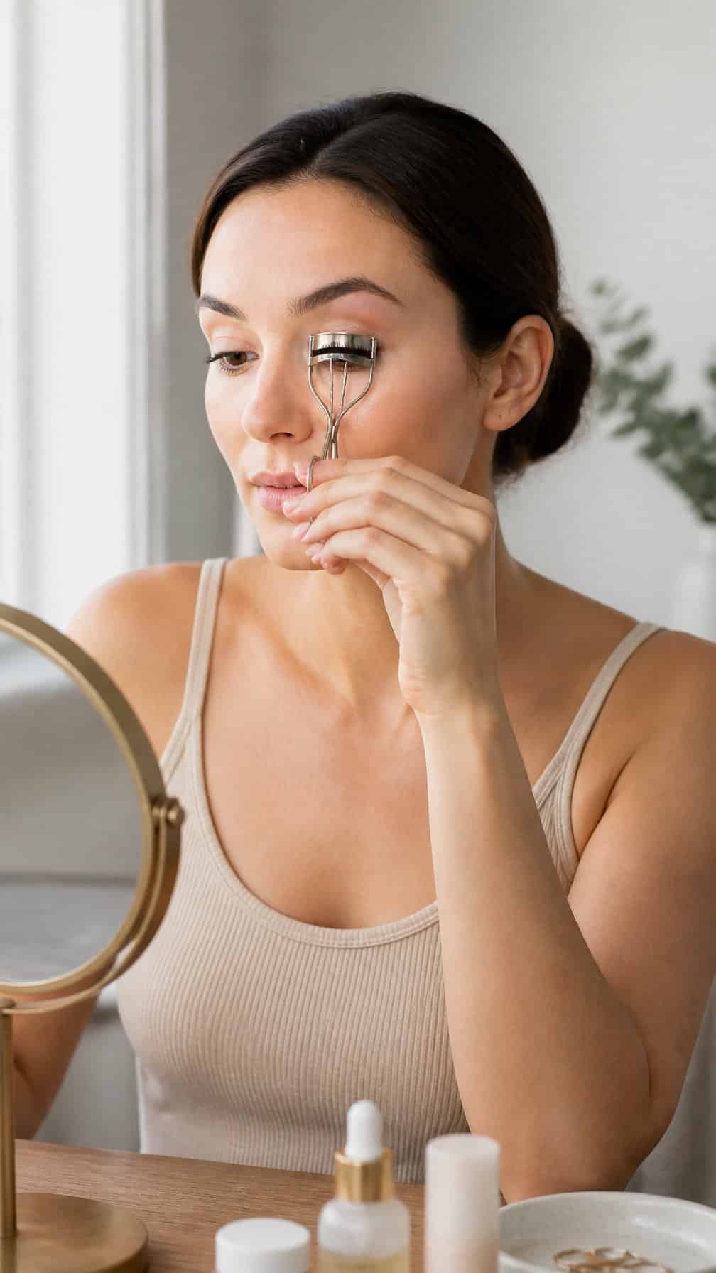Woman applying an eyelash curler during a simple makeup routine at a vanity.