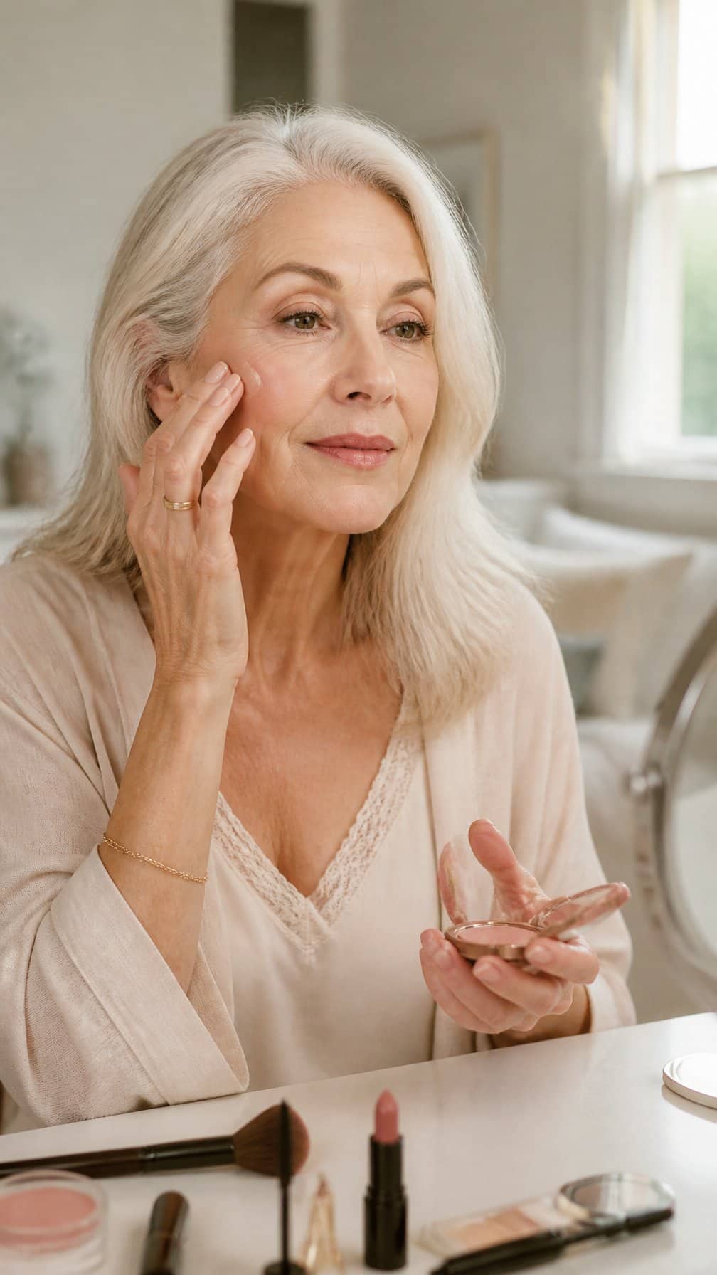 Mature woman applying simple natural makeup at a bright vanity.