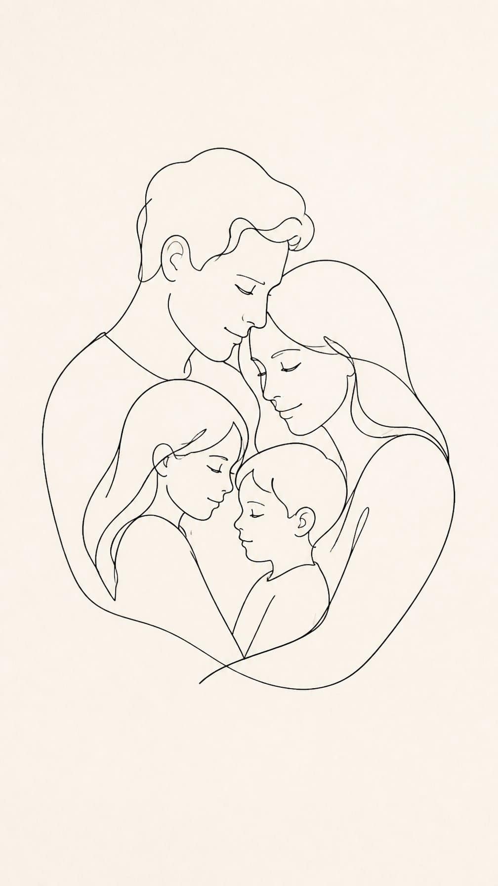 Minimalist line drawing of two adults and two children gathered closely as a family.