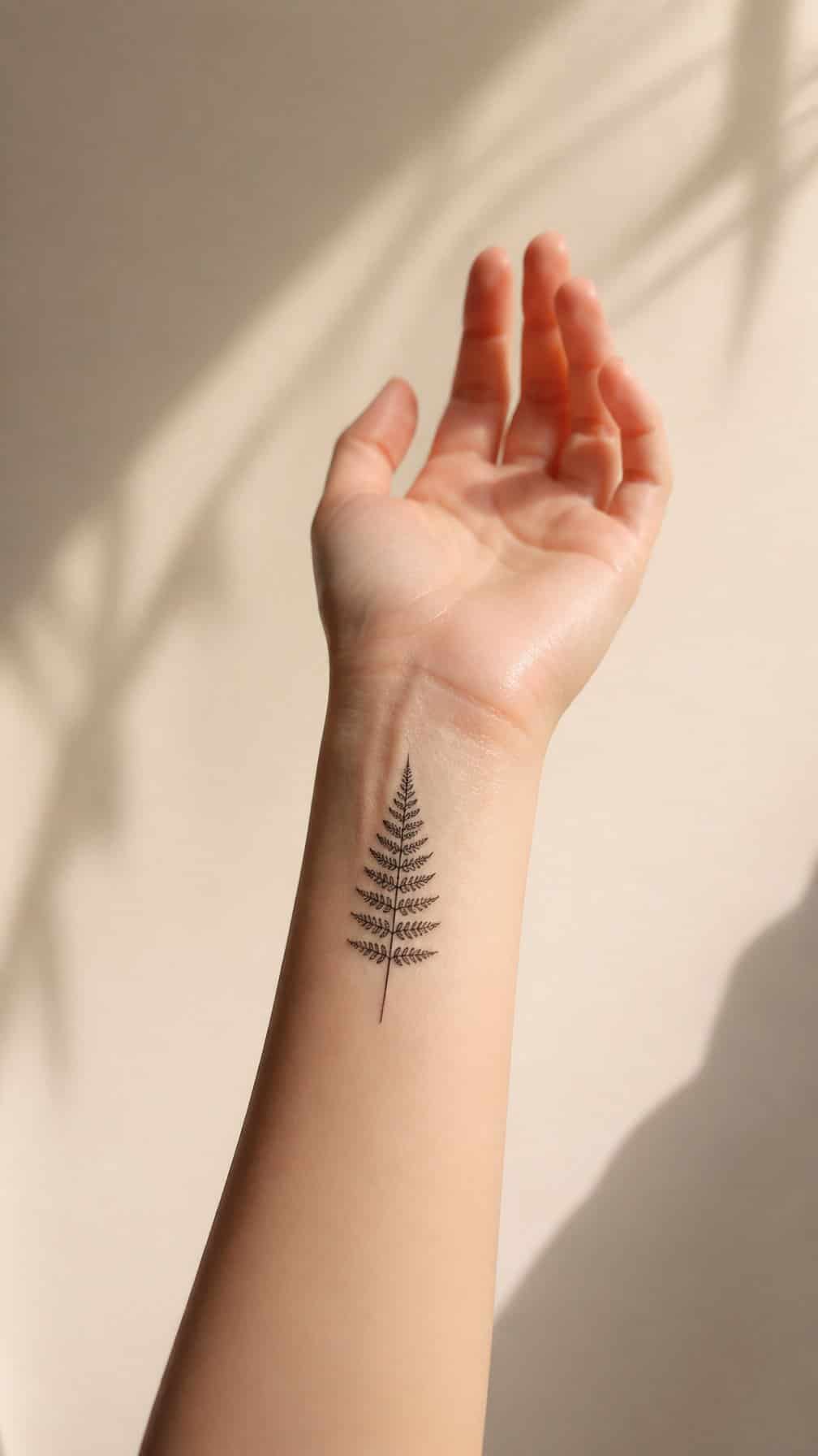 A delicate fern leaf tattoo on a person’s inner wrist.