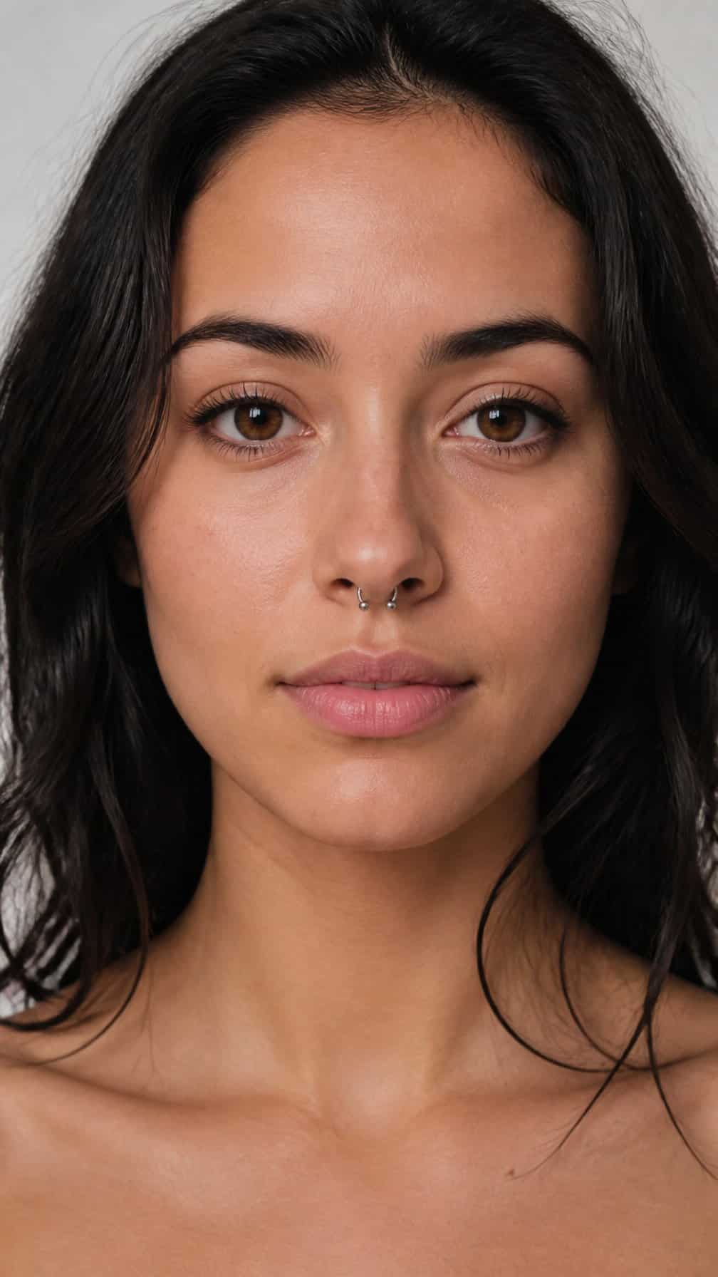 Close-up of a person wearing a small silver horseshoe septum piercing.
