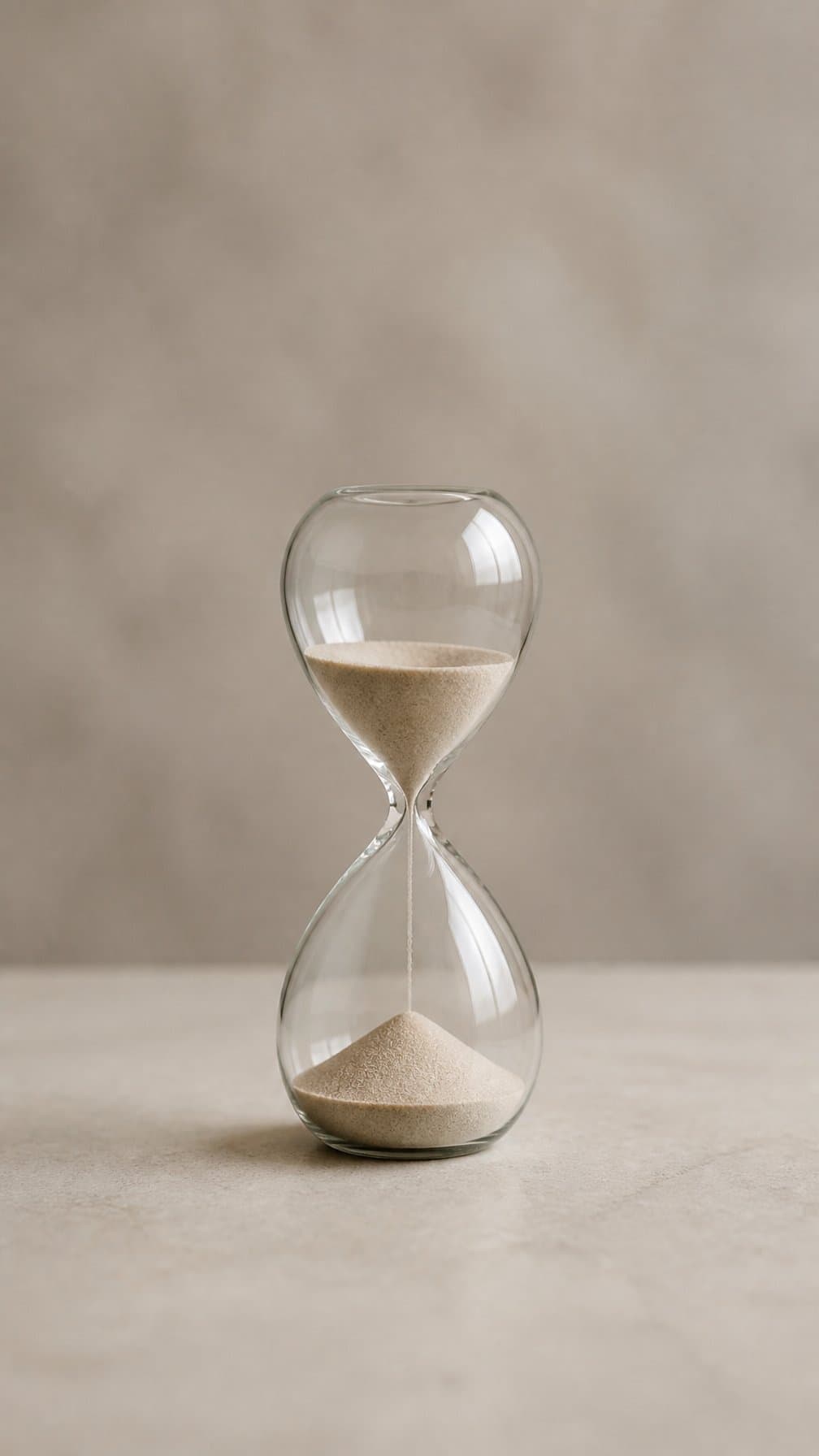 A simple glass hourglass with sand flowing between its chambers on a neutral surface.