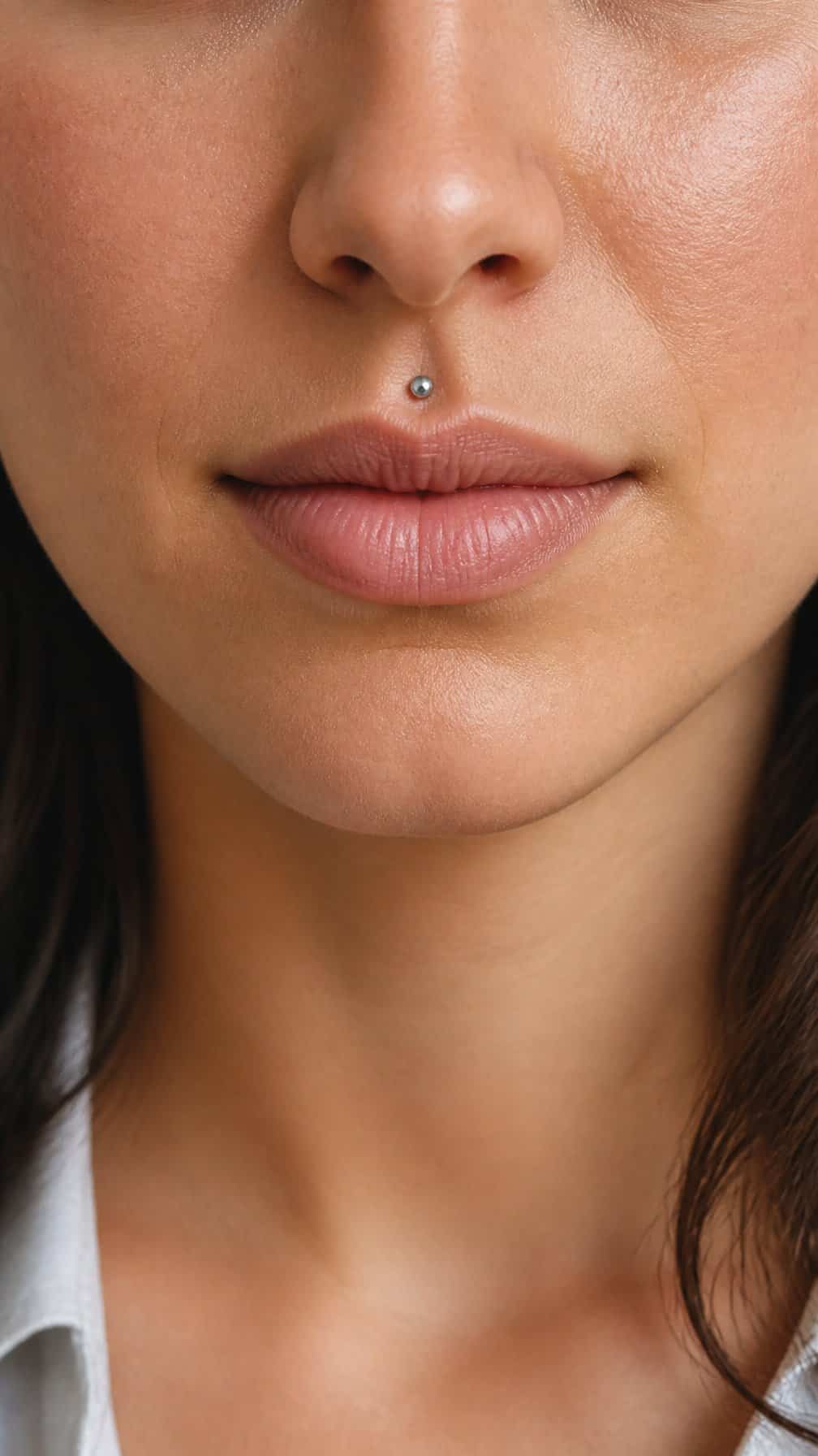 Close-up of a person wearing a small centered Medusa piercing above the upper lip.