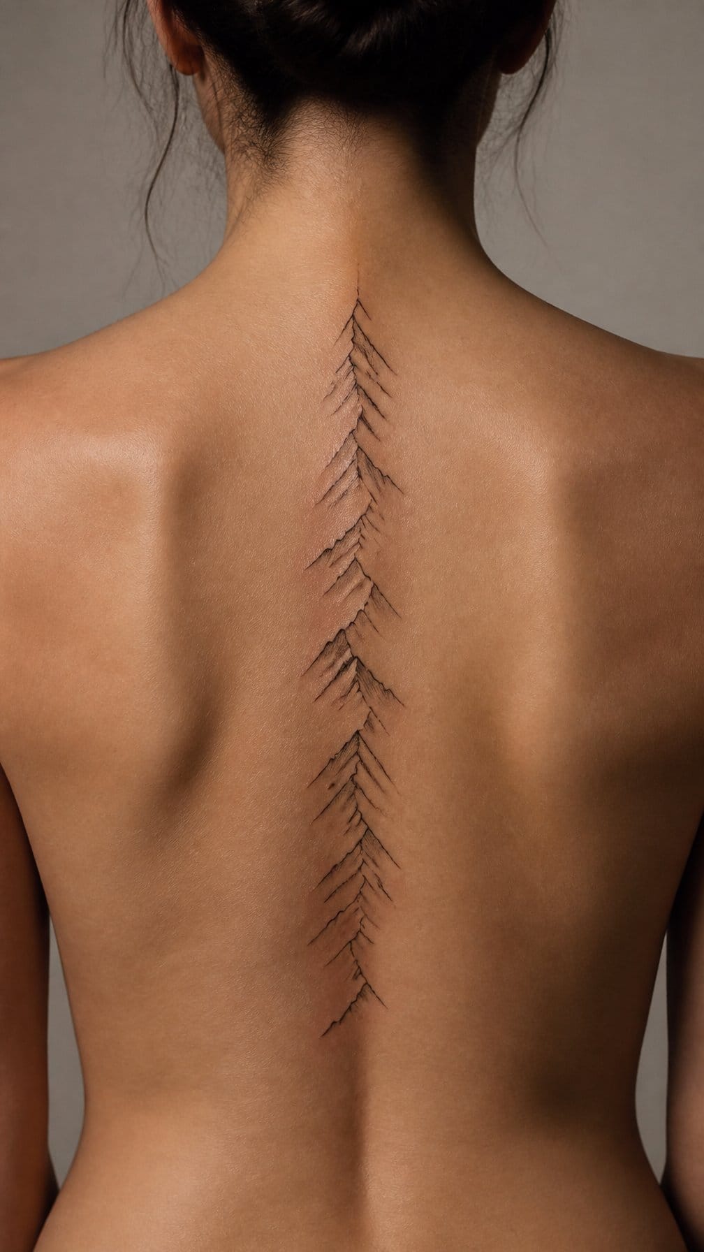 A person’s upper back with a simple mountain range tattoo running along the spine.
