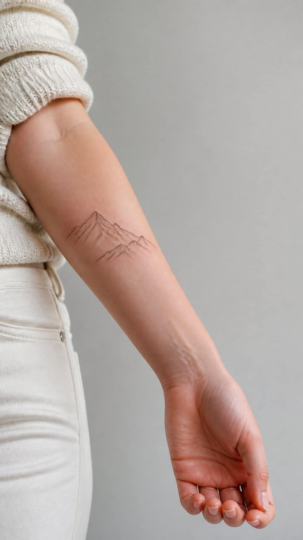 A woman's forearm with a minimalist mountain range tattoo against a neutral background.