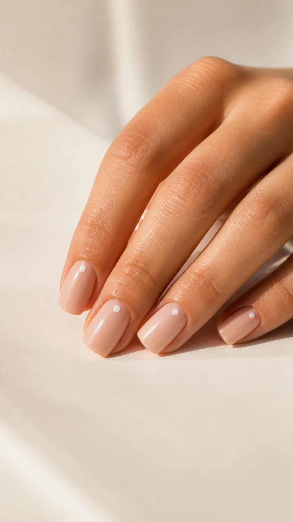 A hand with nude manicured nails, each featuring a small white dot near the base.