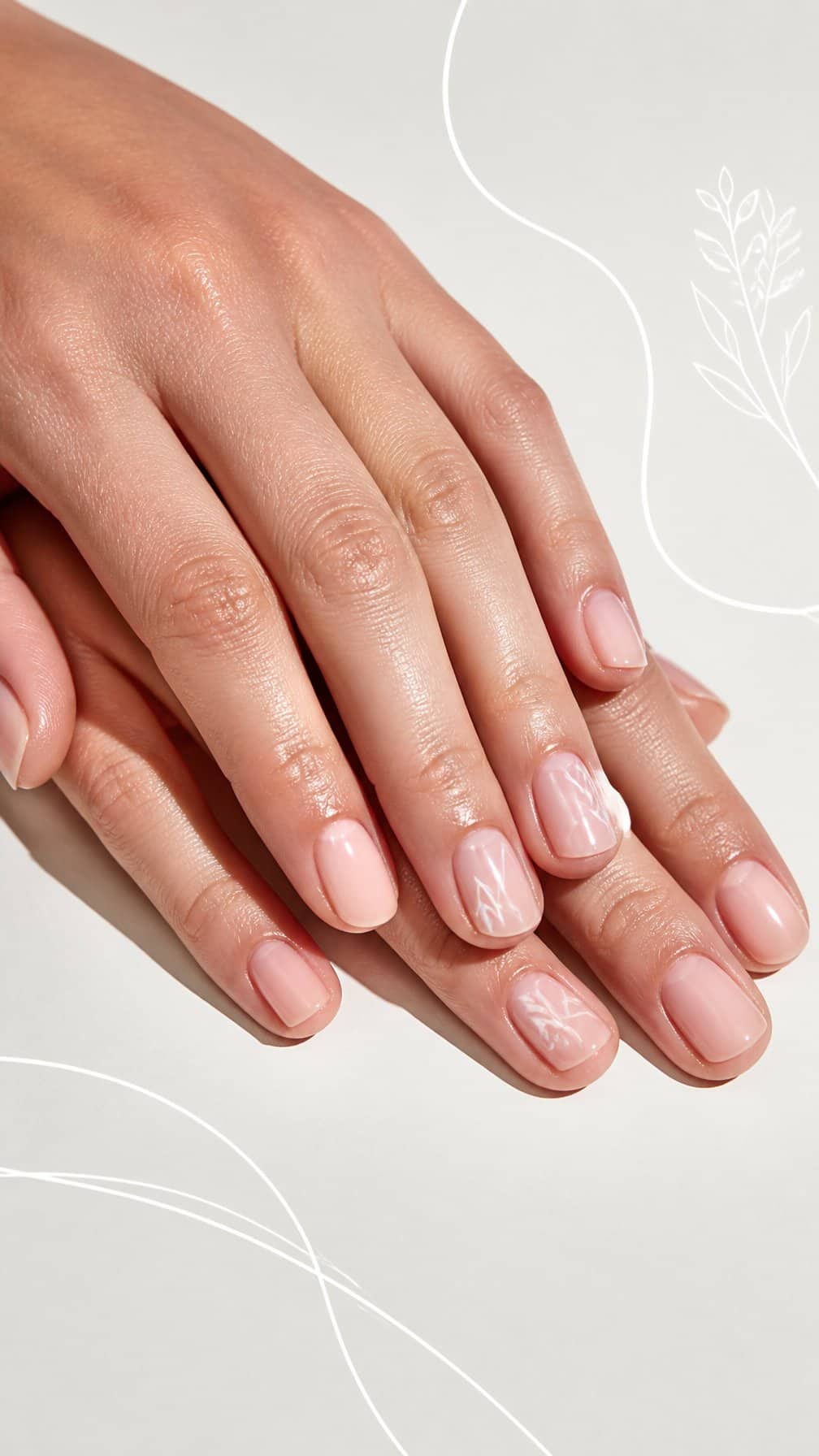Close-up of hands with short, natural-looking glossy nails resting on a light surface.