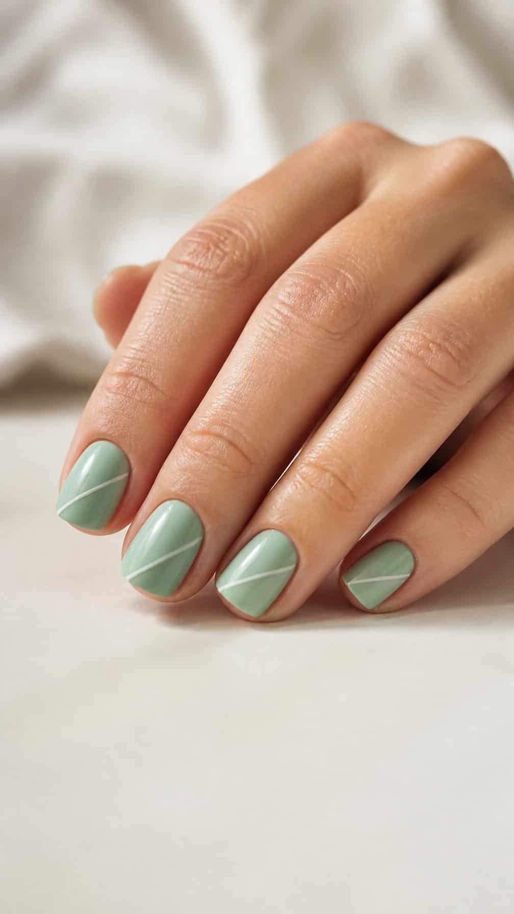 A hand with mint-green nails decorated with thin diagonal lines.