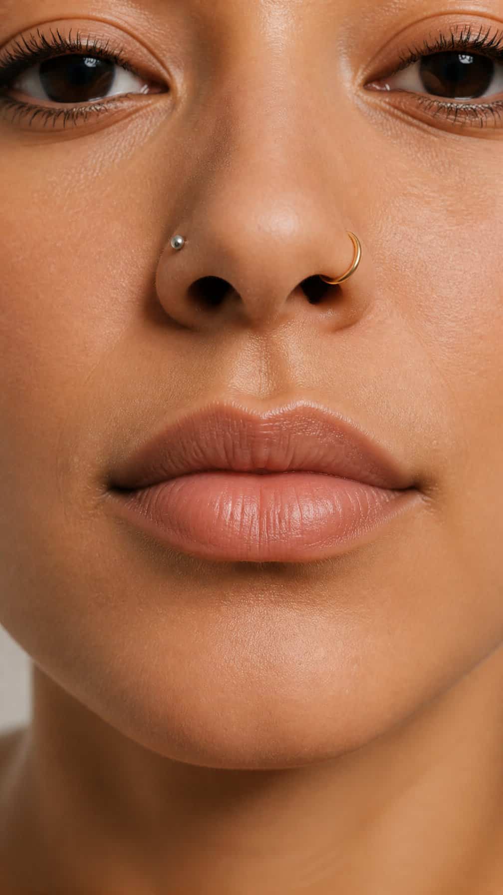 Close-up of a person wearing a small gold nostril hoop and a delicate silver nostril stud.