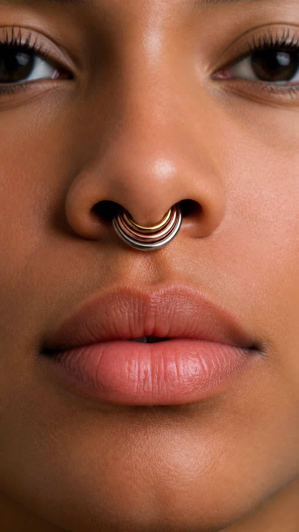Close-up of a person wearing layered gold, rose gold, and silver septum rings.
