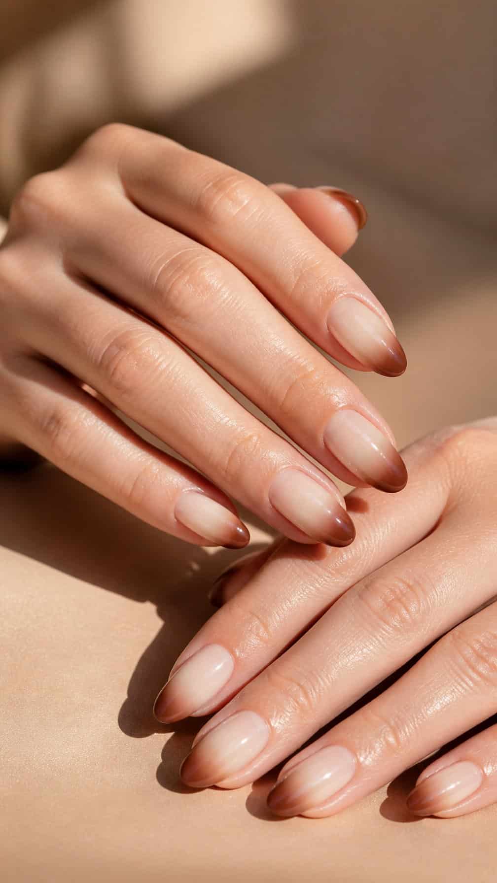 A close-up of almond-shaped nails with a smooth mocha brown to cream ombre manicure.