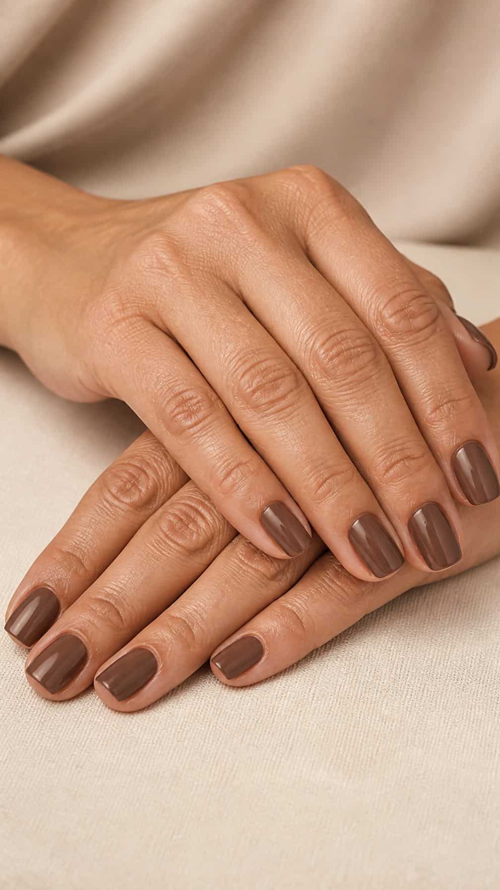 A mature woman's hands with glossy mocha brown short square nails resting on a neutral surface.