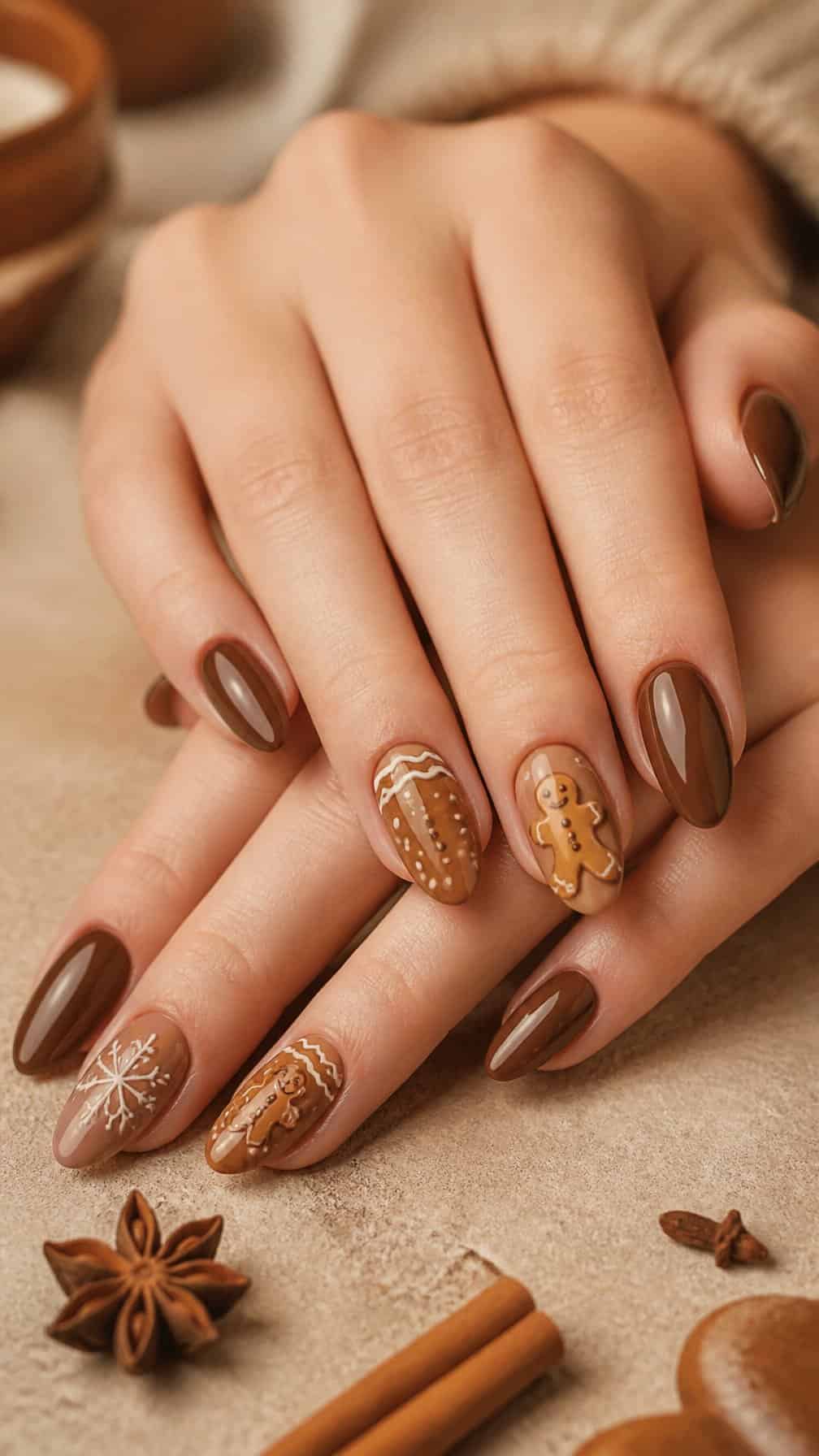 Close-up of hands with mocha brown nails decorated with gingerbread-inspired cream designs.