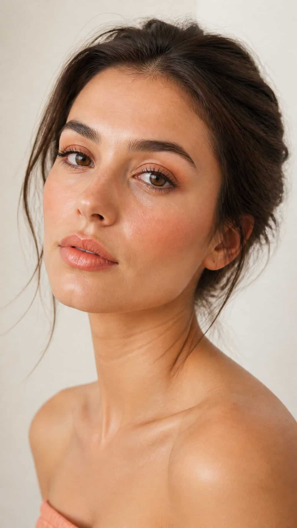 Close-up portrait of a woman wearing soft peach makeup.