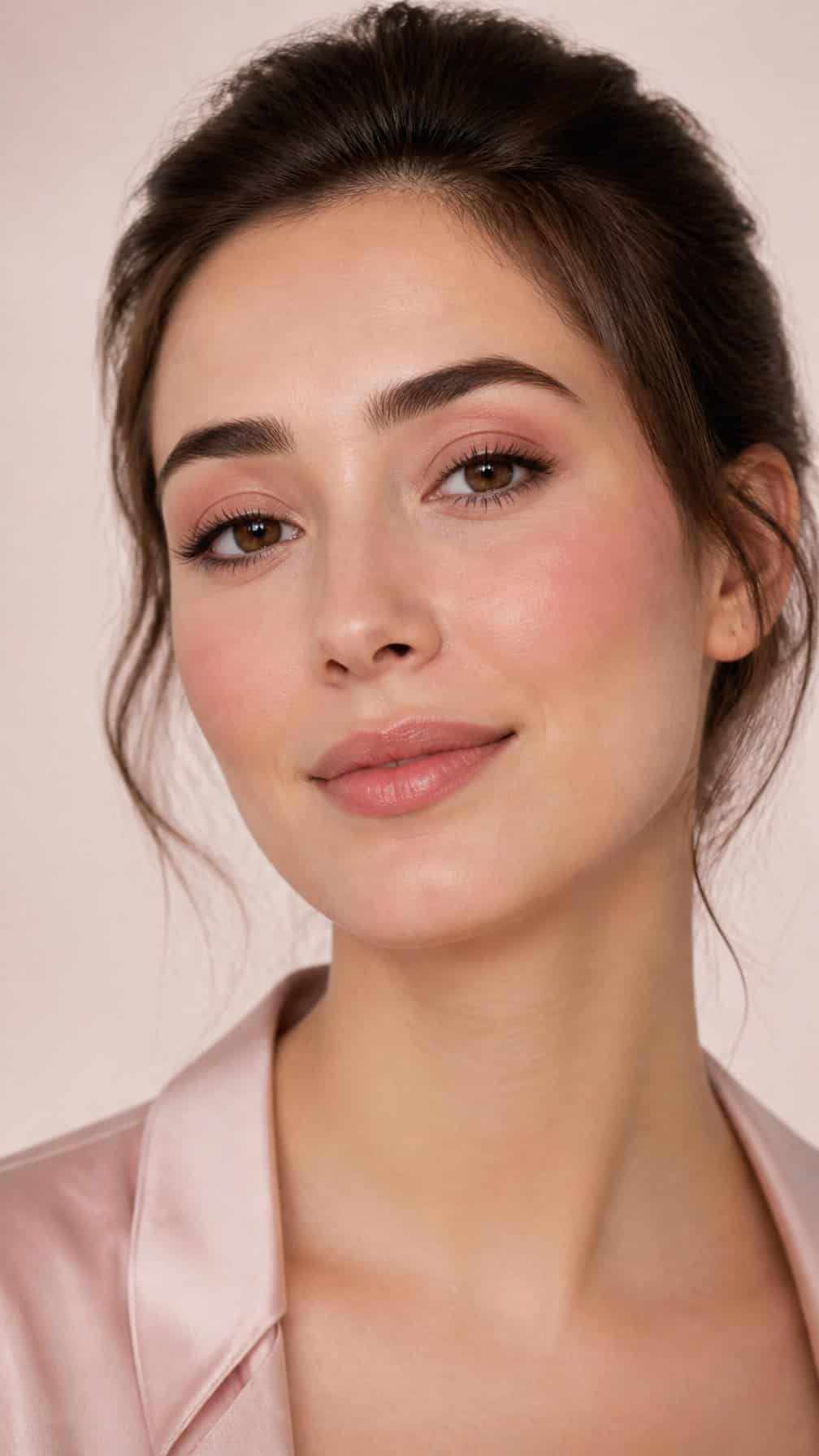 A woman wearing soft rose-toned makeup poses against a light background.