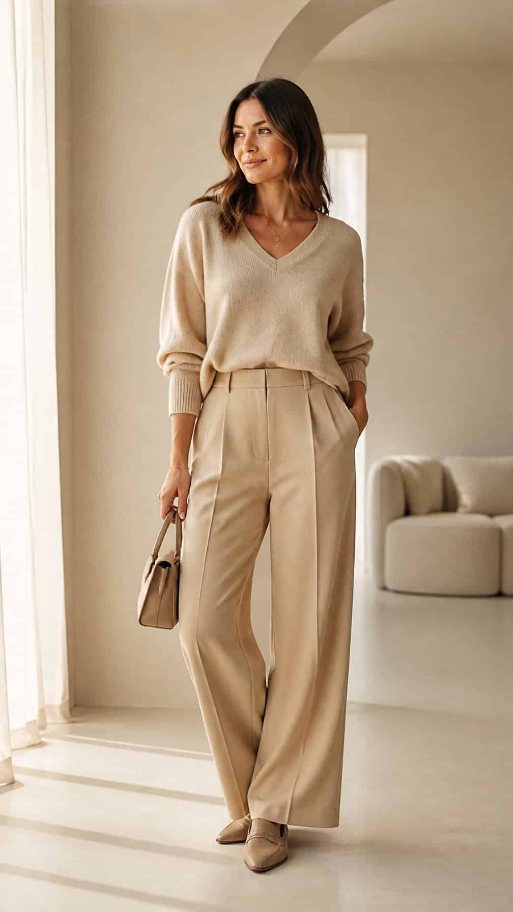 A woman wearing a beige knit top and wide-leg trousers stands in a bright interior.