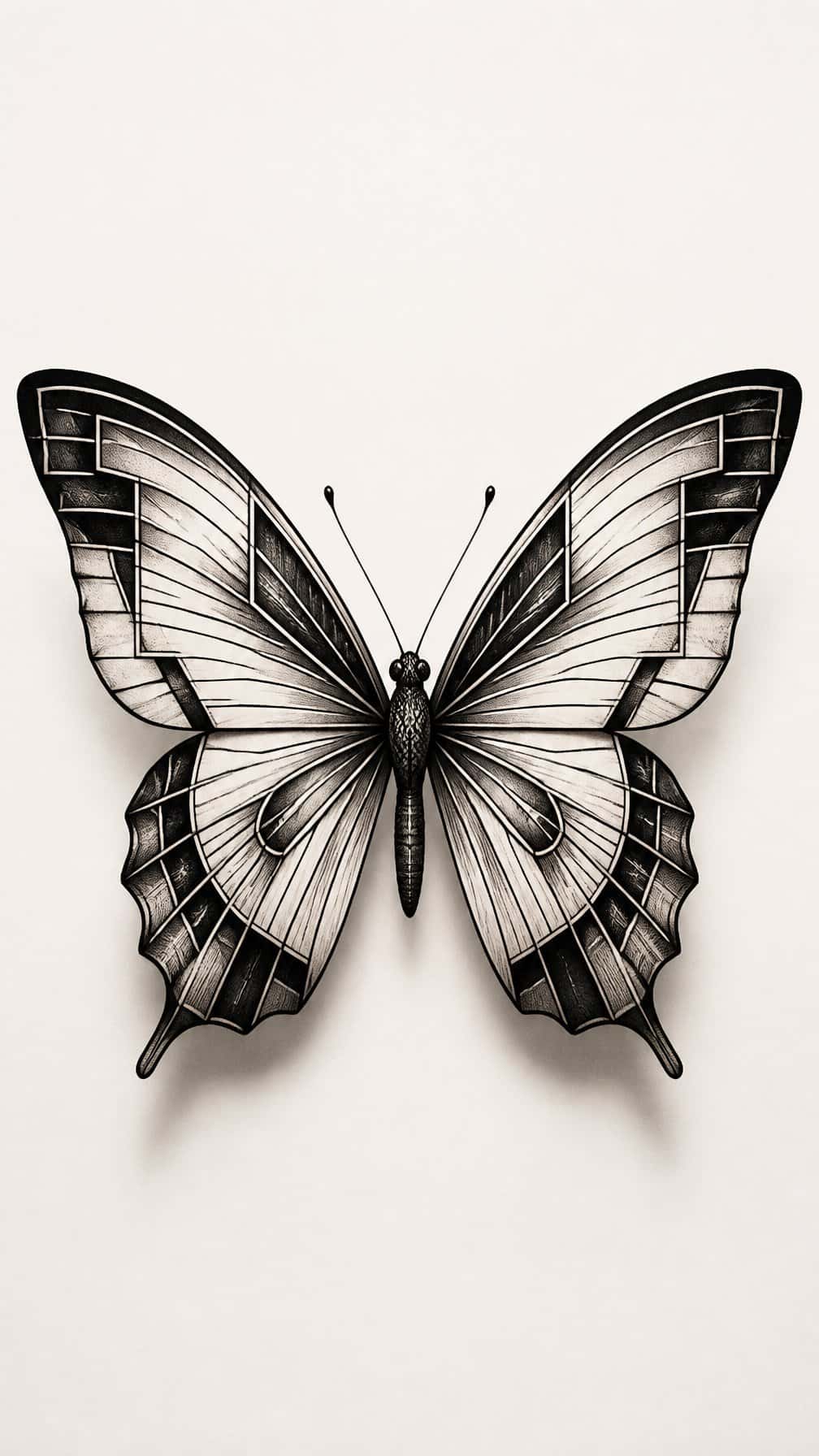 A black and gray butterfly with symmetrical geometric wings rests against a plain light background.