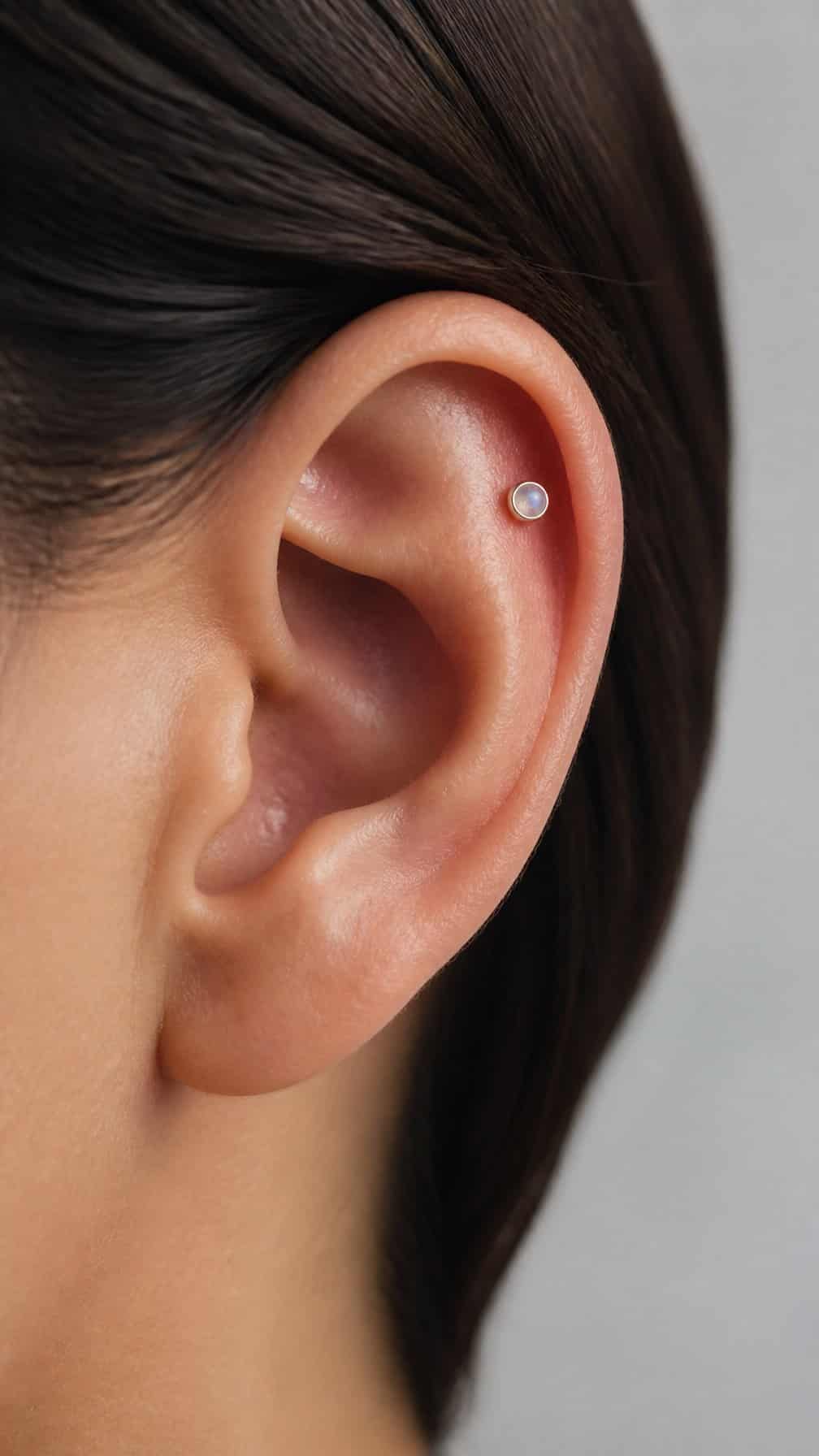 Close-up of an ear wearing a small moonstone helix piercing.