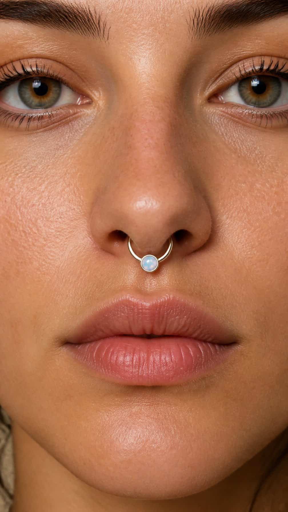 Close-up portrait of a person wearing a moonstone septum ring.