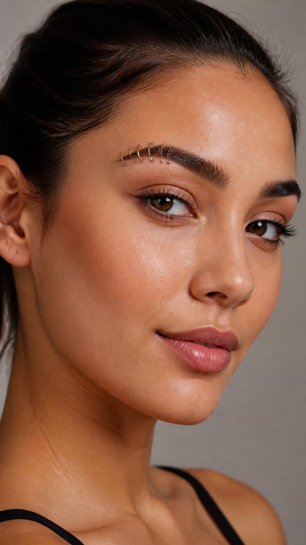 Close-up portrait of a person wearing several small rings along one eyebrow.