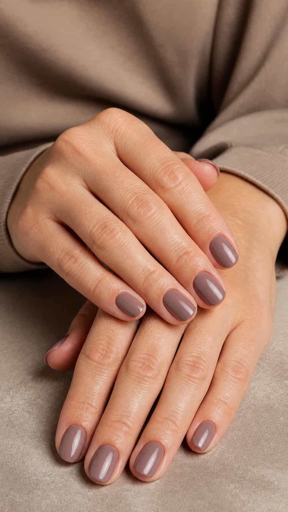 Mature hands with neatly shaped oval nails painted muted mauve.