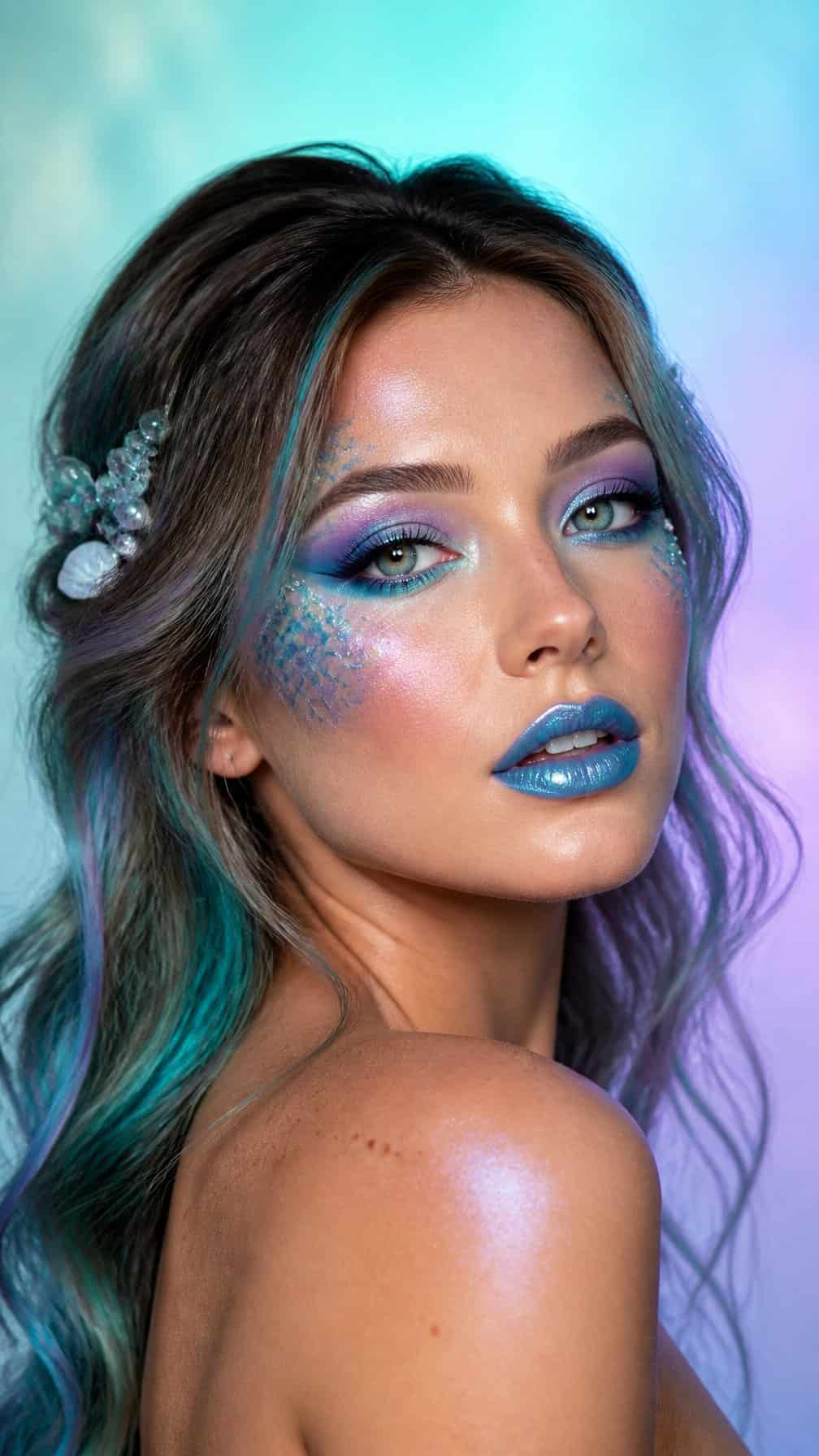 A woman wearing shimmering turquoise and violet mermaid-inspired makeup with subtle scale accents.