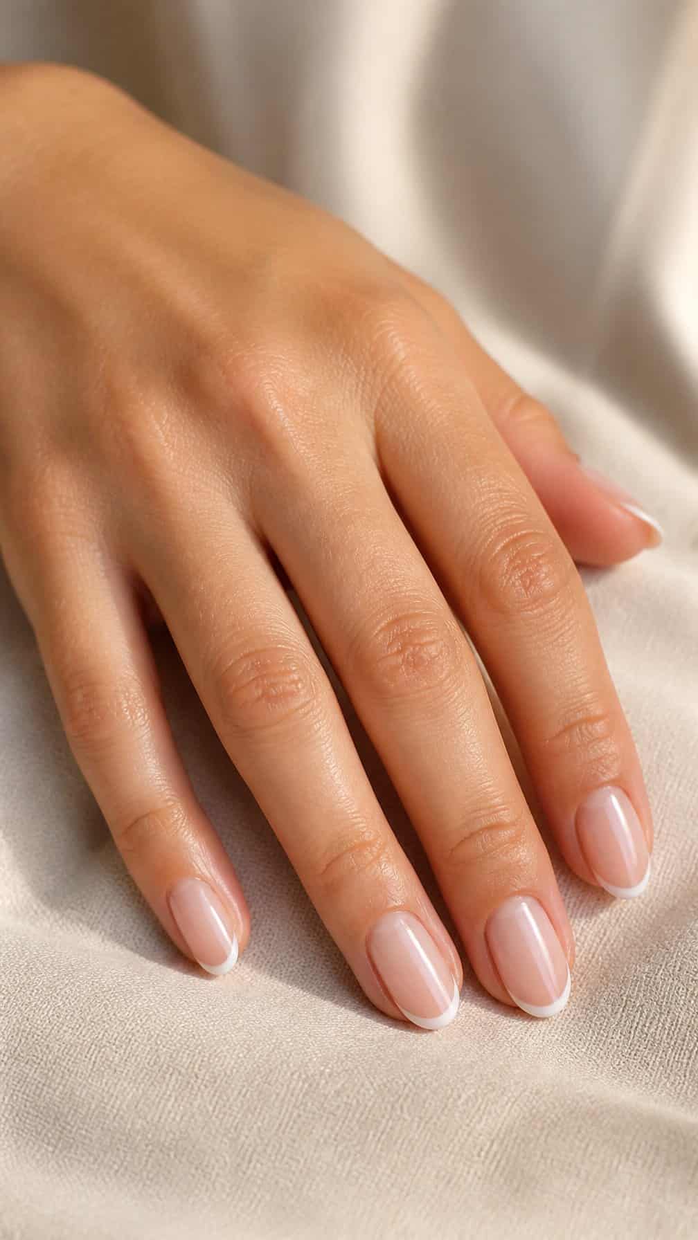 A hand with short natural French tip nails resting on a neutral surface.