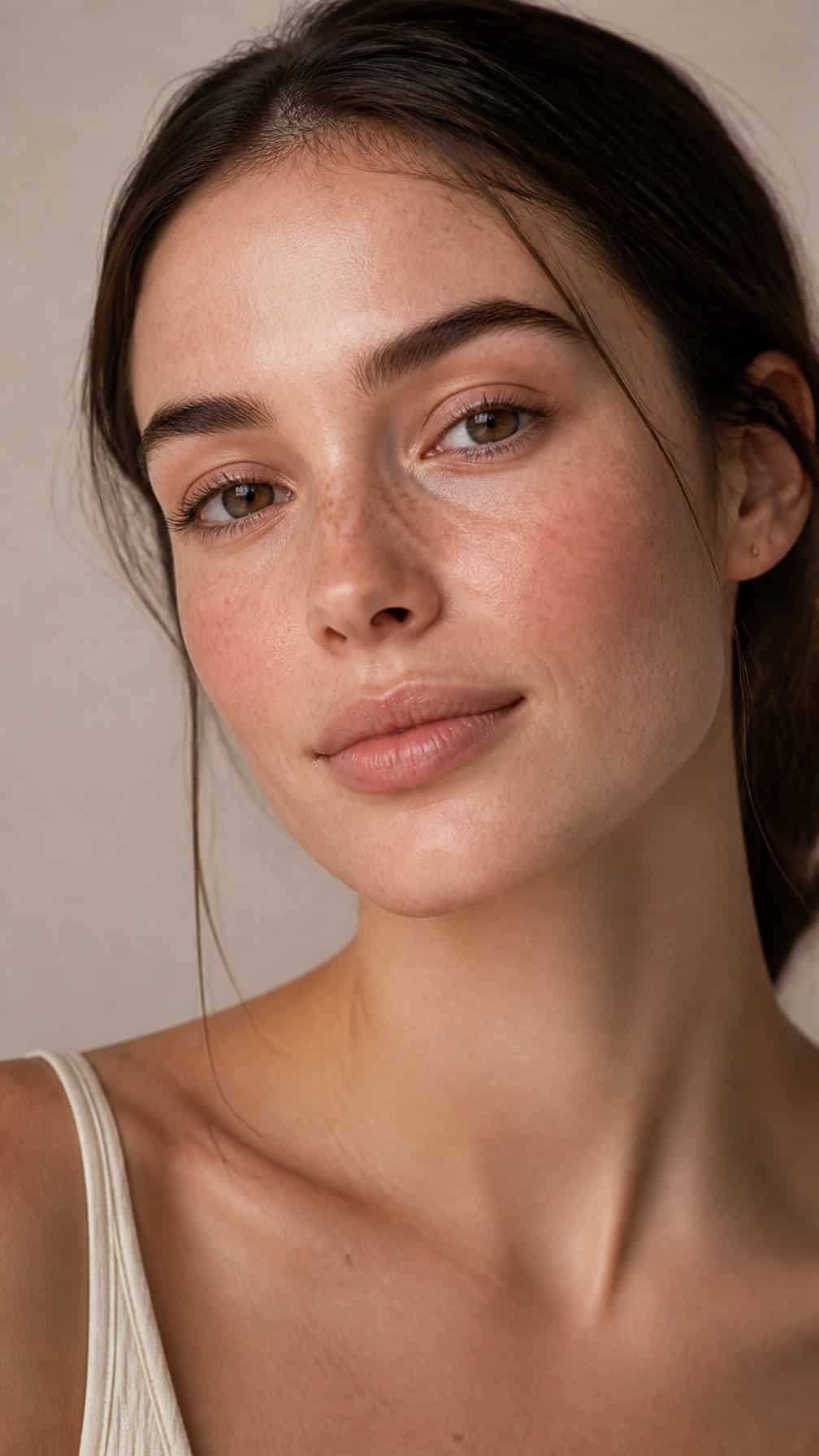 Woman wearing natural makeup with visible freckles and a relaxed expression.
