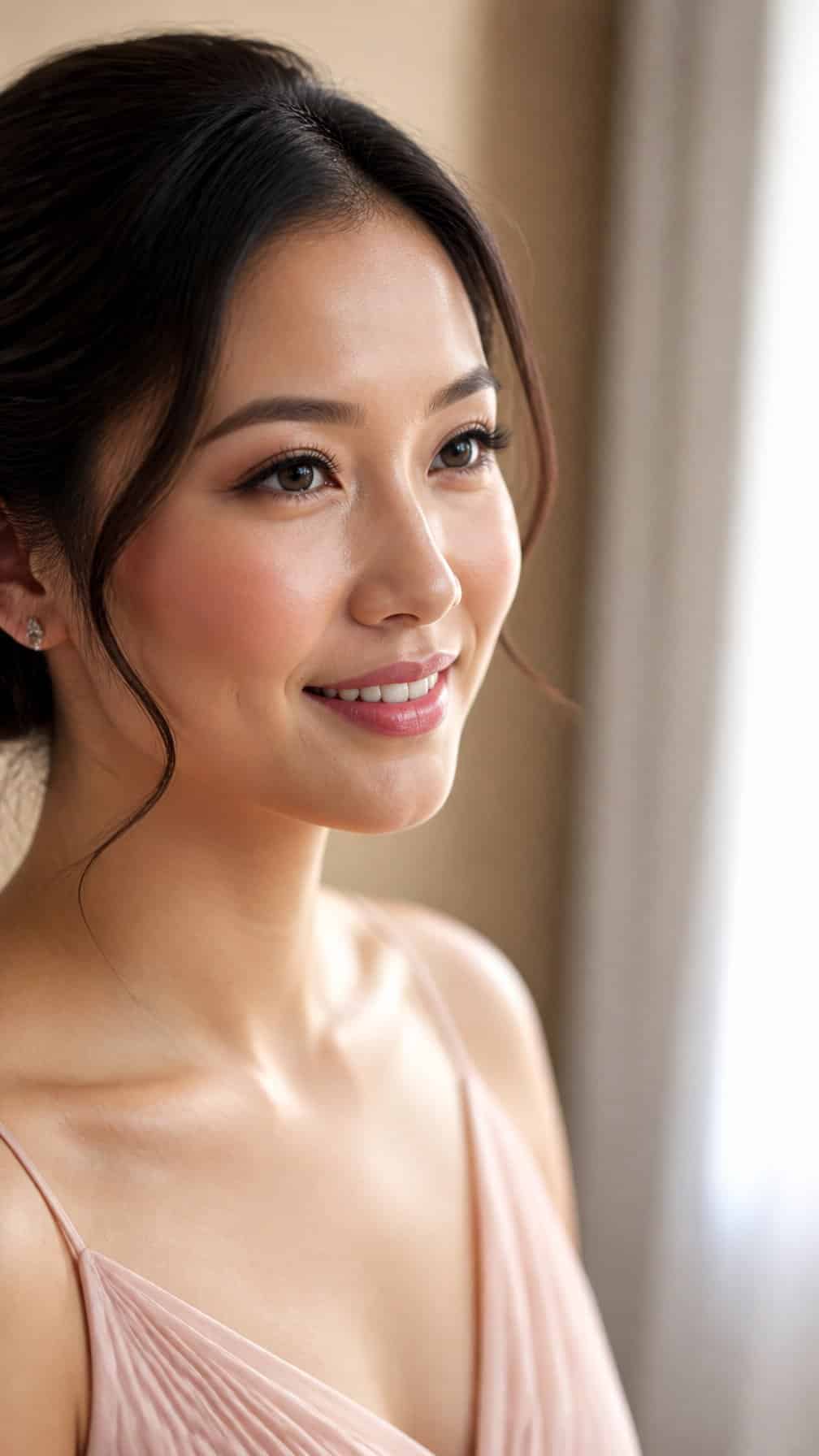 Bridesmaid wearing natural makeup with softly defined eyes and individual false lashes.