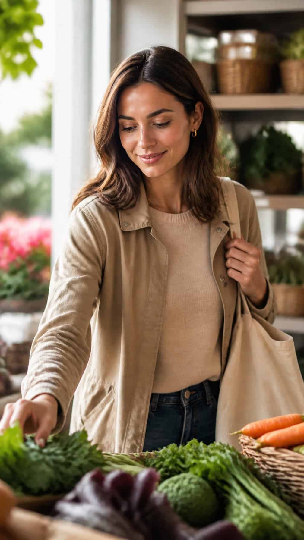 Woman wearing natural makeup while shopping for groceries.