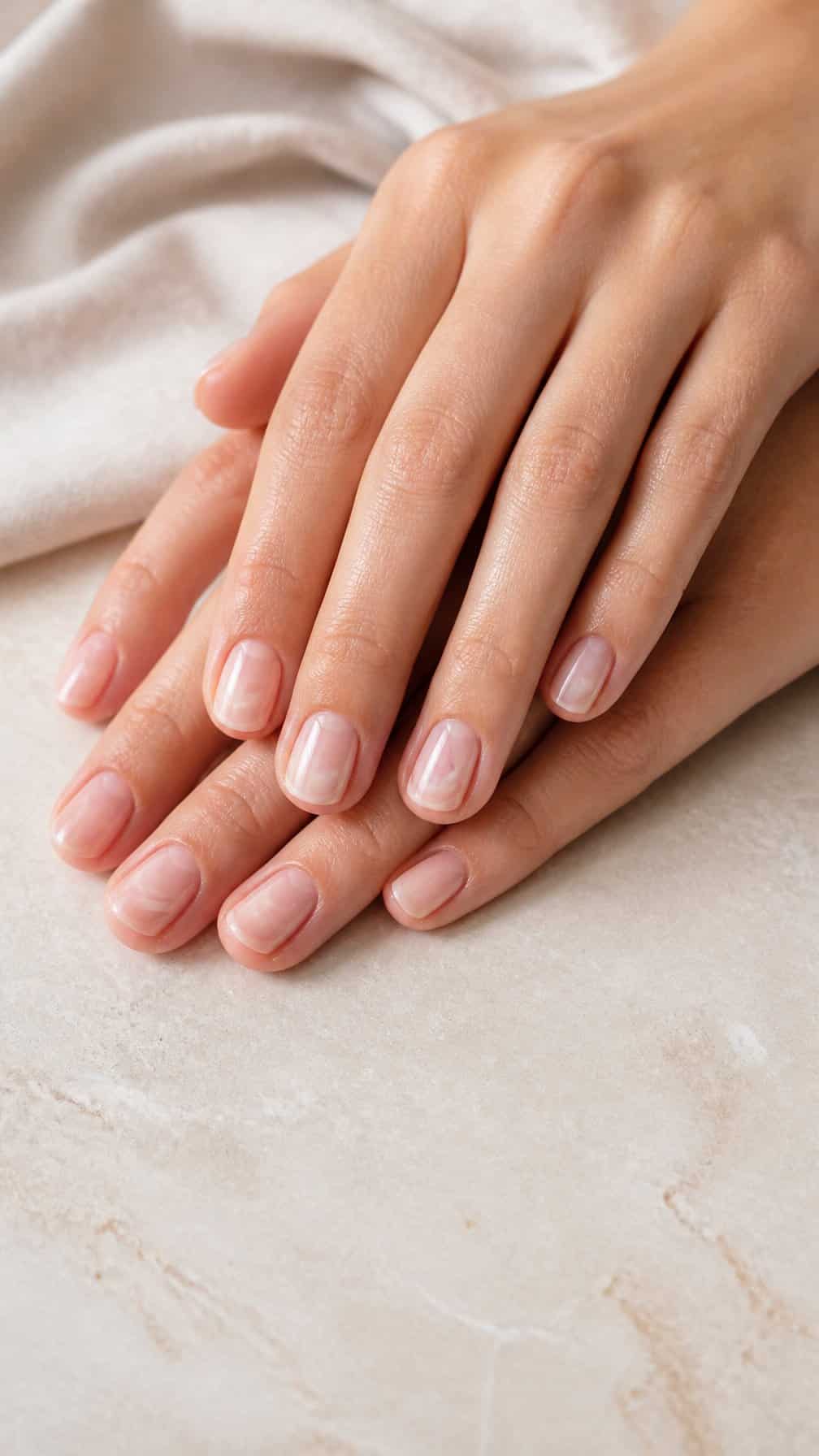 Close-up of hands with short natural nails featuring subtle minimalist accents.