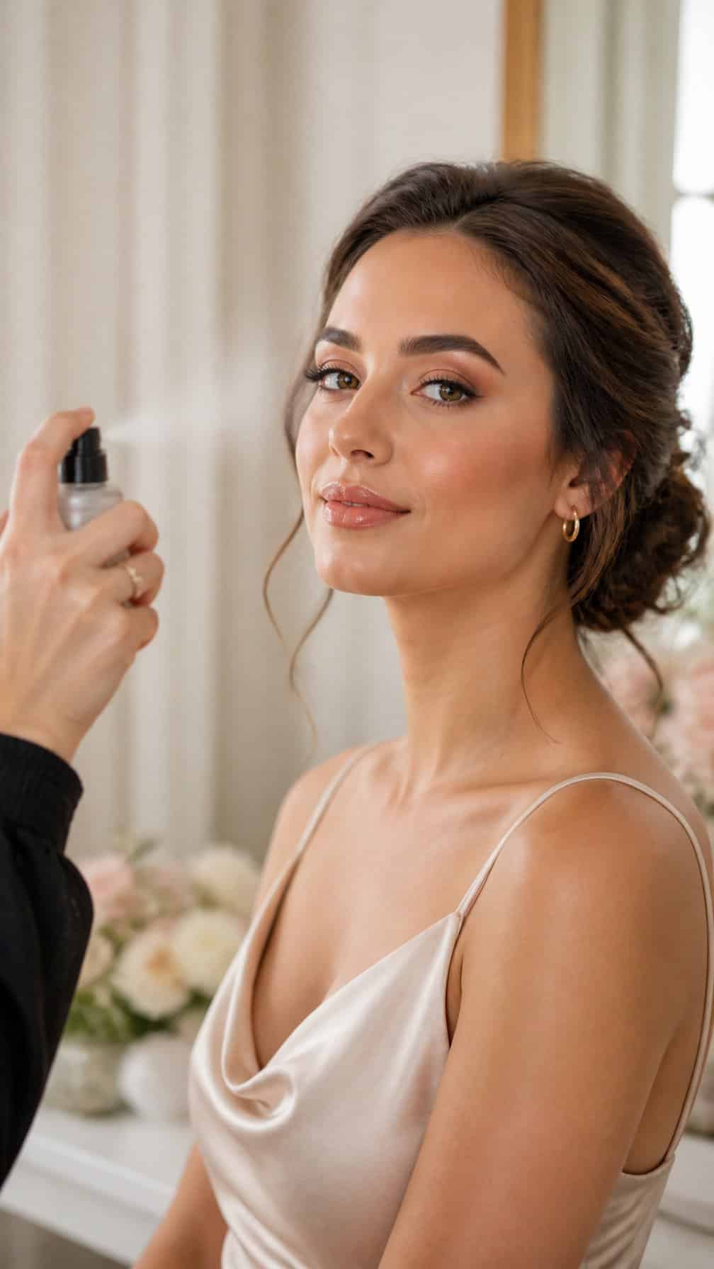 A bridesmaid receives a light mist of setting spray over natural peach makeup.