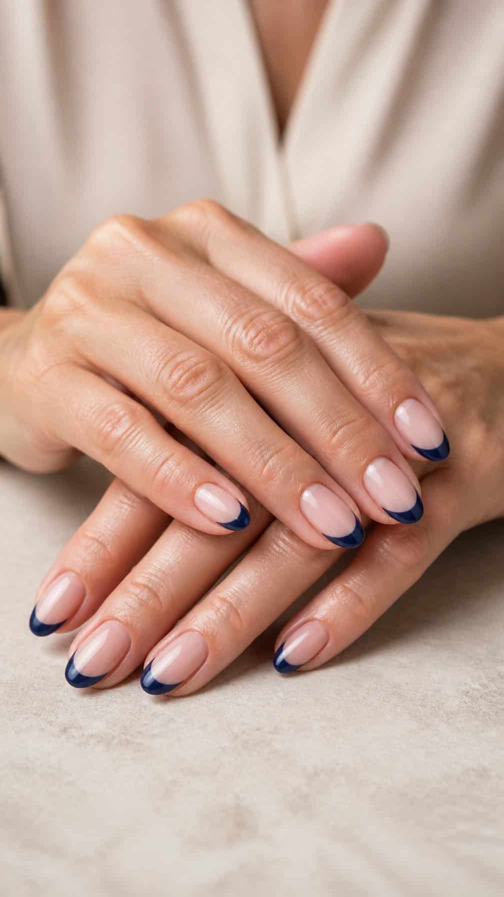 Mature woman's hands displaying nude nails with navy blue French tips.