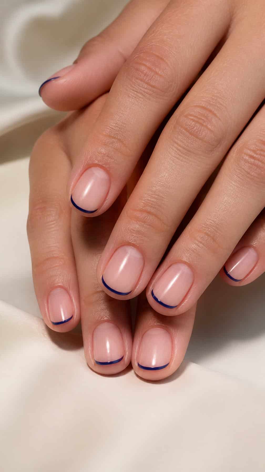 A close-up of a hand with short nude nails featuring thin navy blue French tips.