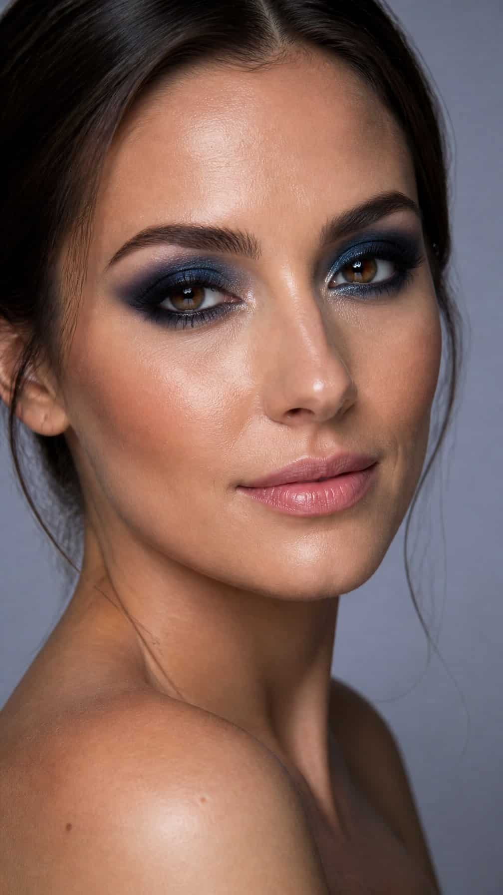 Close-up portrait of a woman wearing navy blue smokey eye makeup.