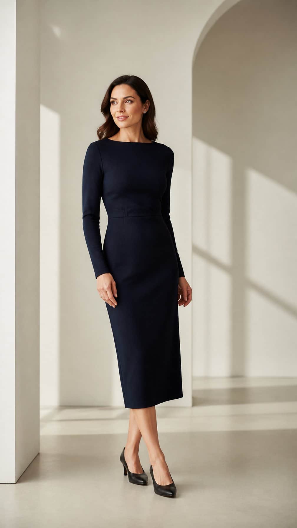 A woman wearing a navy knit dress and black leather pumps stands in a bright neutral room.