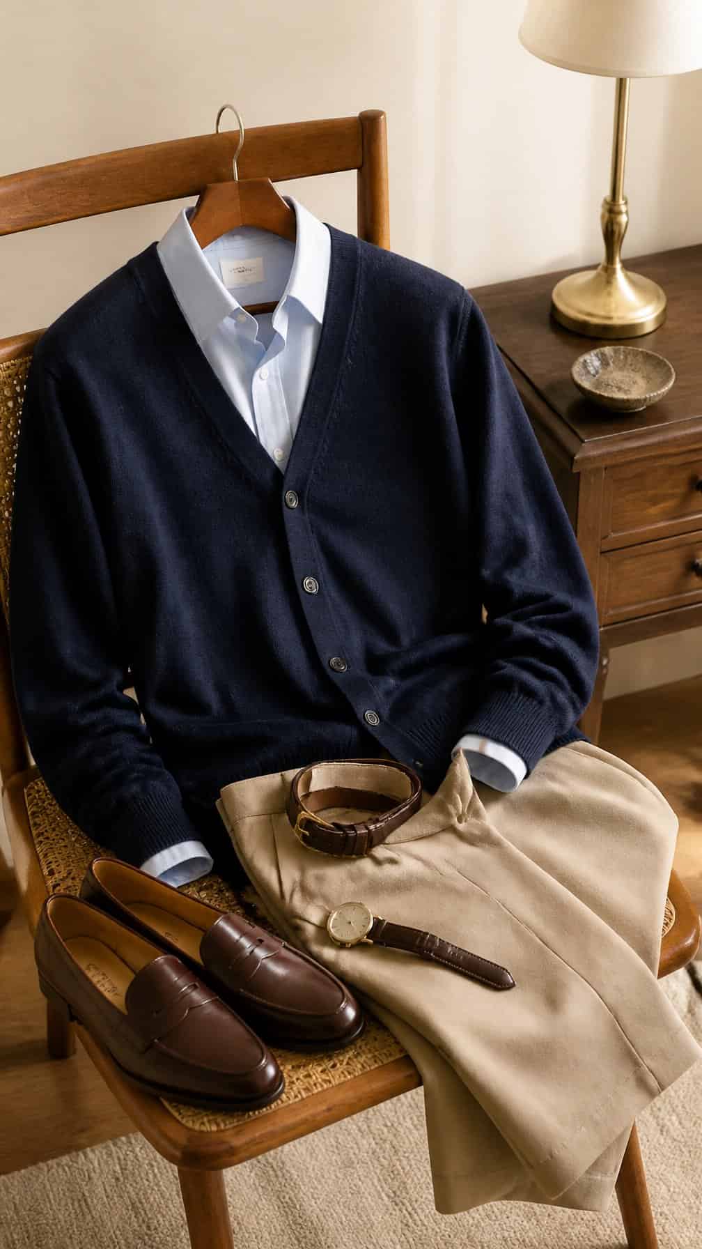 A navy cardigan arranged with a collared shirt, beige trousers, loafers, and simple accessories.