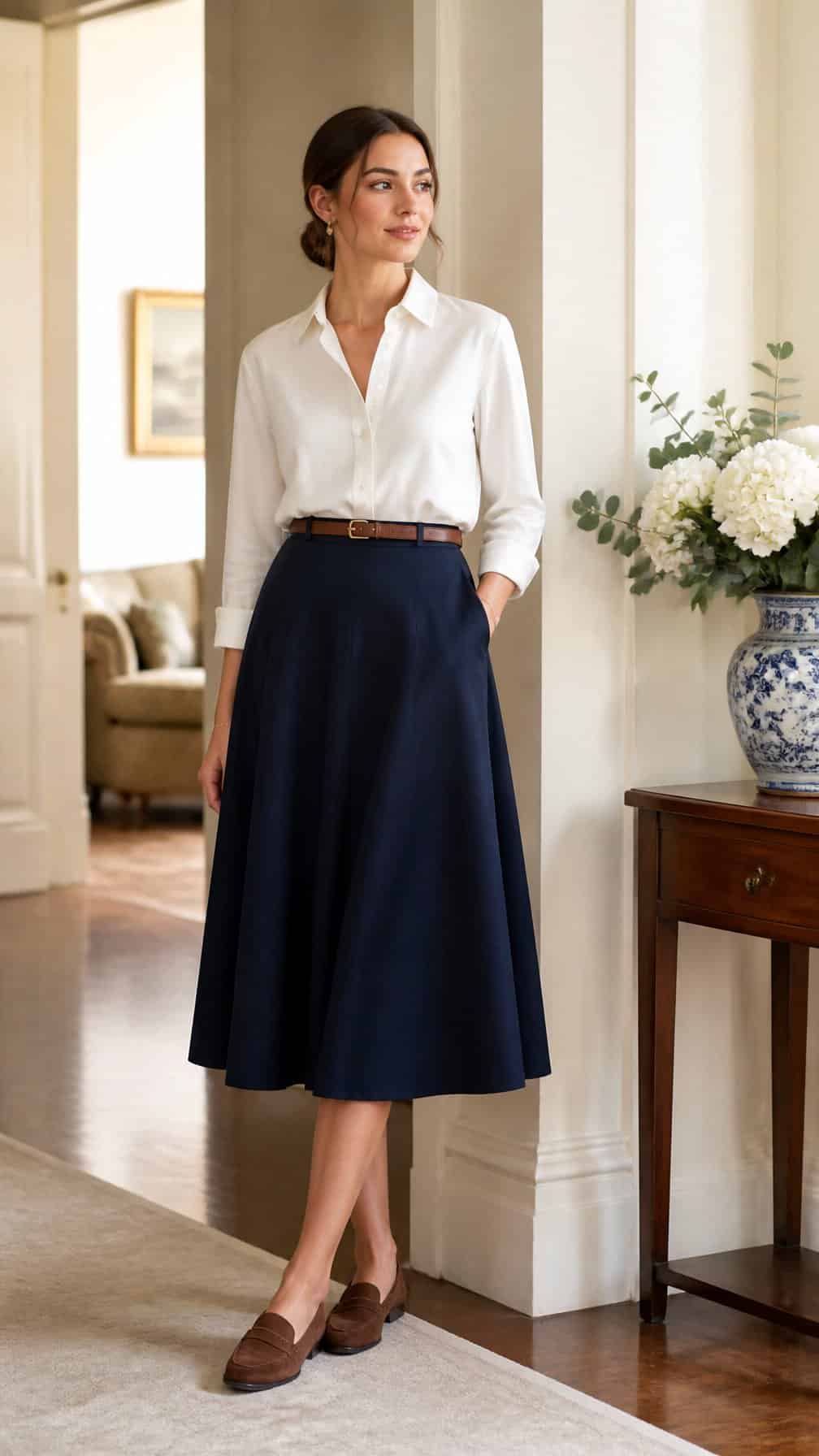 Woman wearing a navy midi skirt and white blouse in a bright elegant interior.