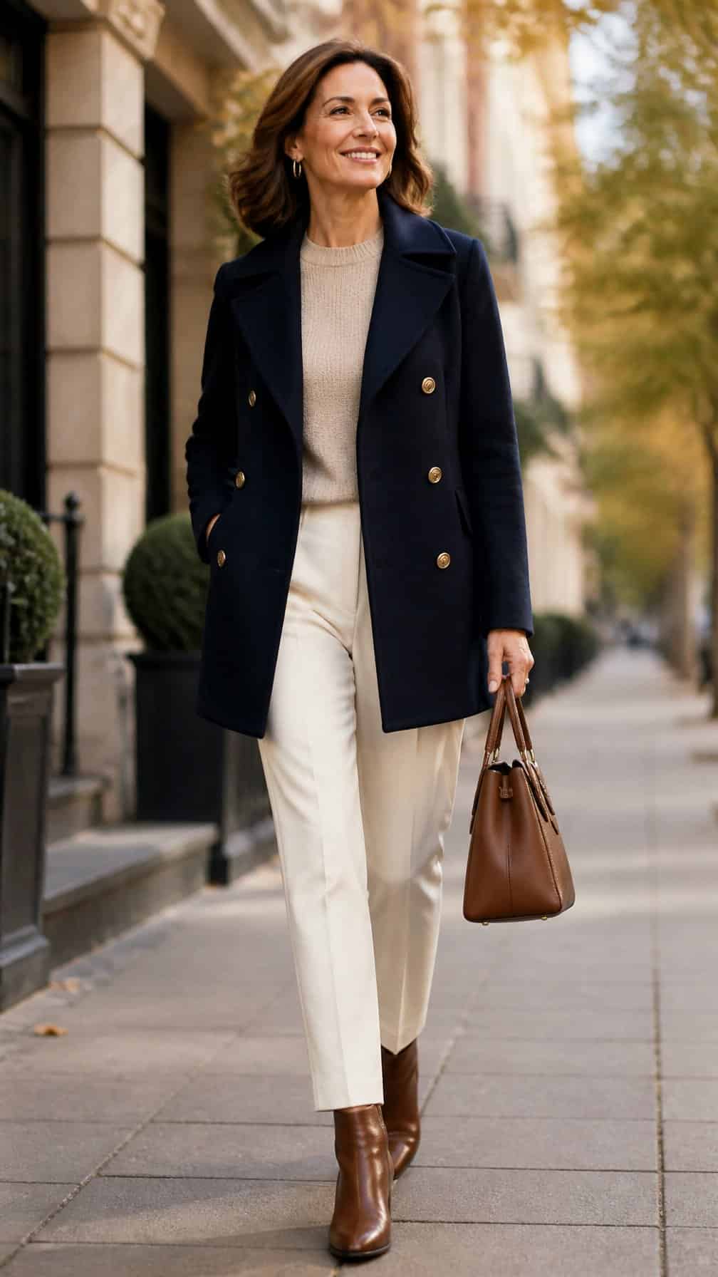 A woman wearing a navy peacoat and cream trousers walks along an autumn city street.