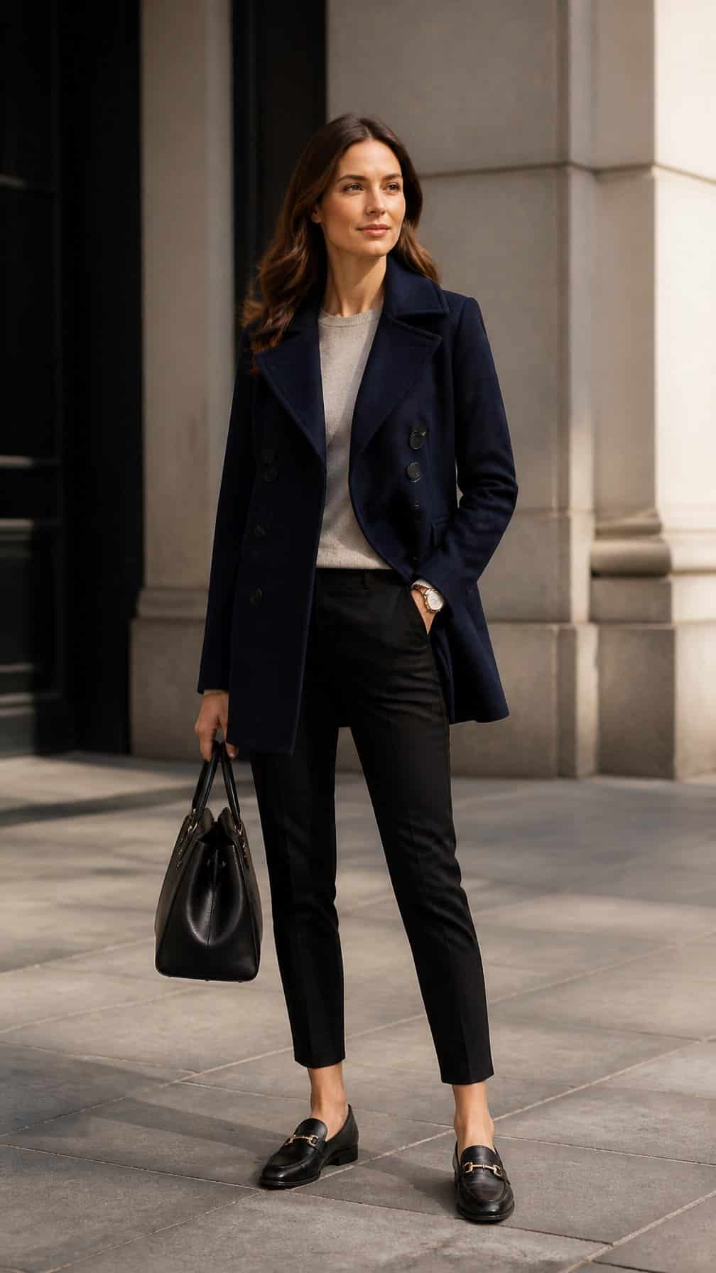A person wearing a navy peacoat with slim black pants stands in a refined urban setting.