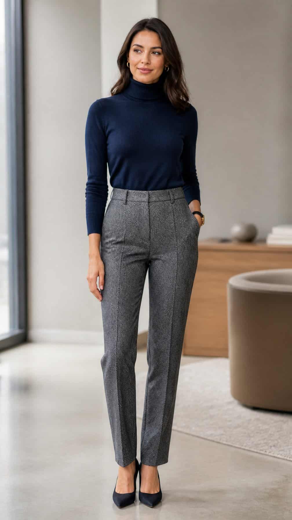 A person wearing a navy turtleneck and gray herringbone trousers in a modern office setting.