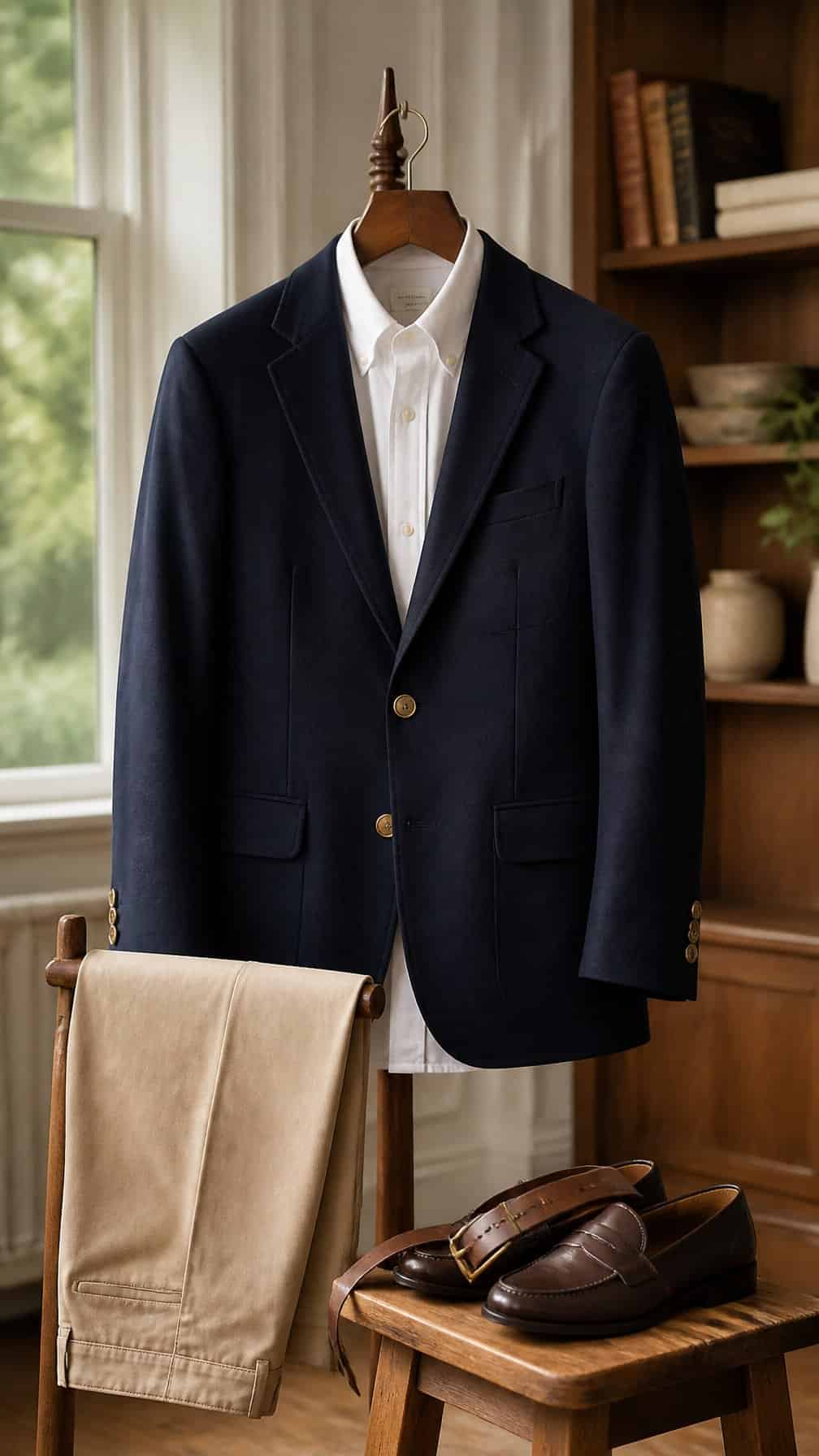 A navy blazer with brass buttons styled with a white shirt, beige trousers, and brown loafers in a bright room.
