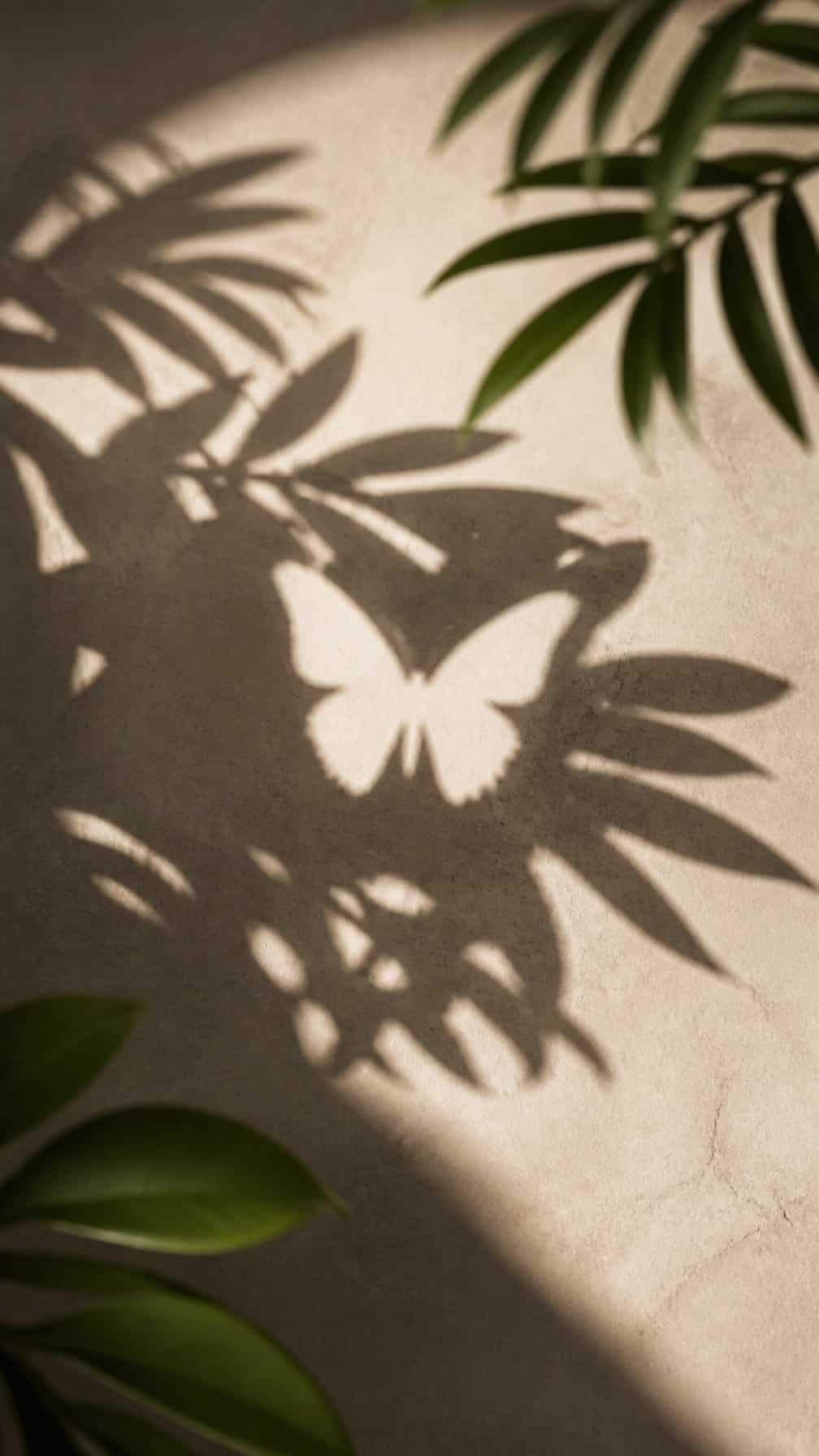 Leafy shadows form the subtle silhouette of a butterfly on a neutral surface.
