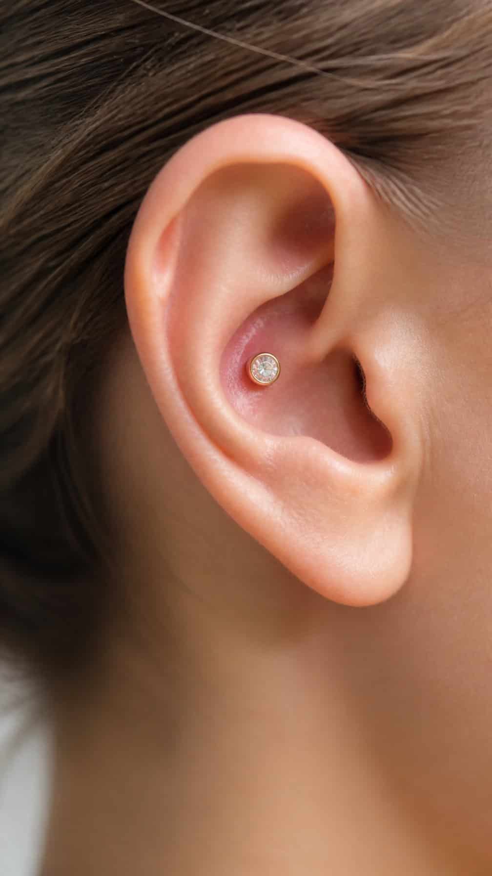 Close-up of an ear with a small bezel-set gemstone conch piercing.