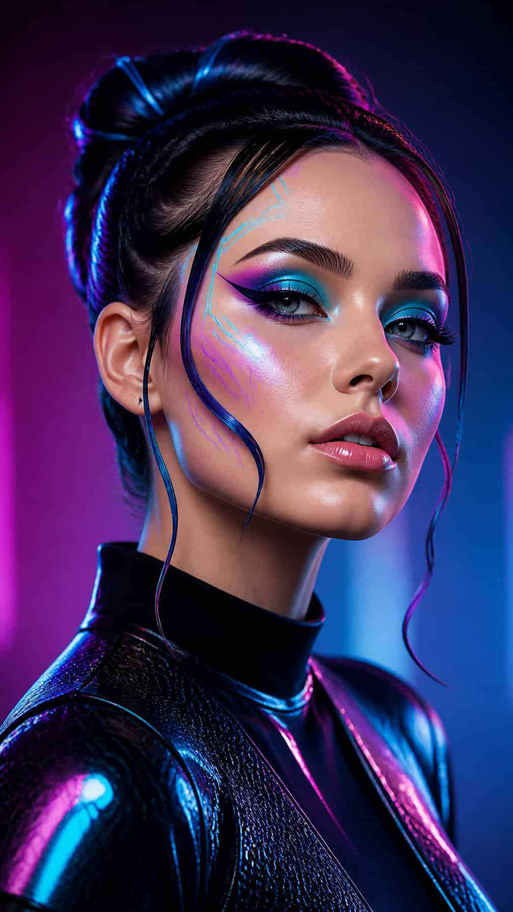 Adult model wearing colorful futuristic neon makeup in a dark studio.