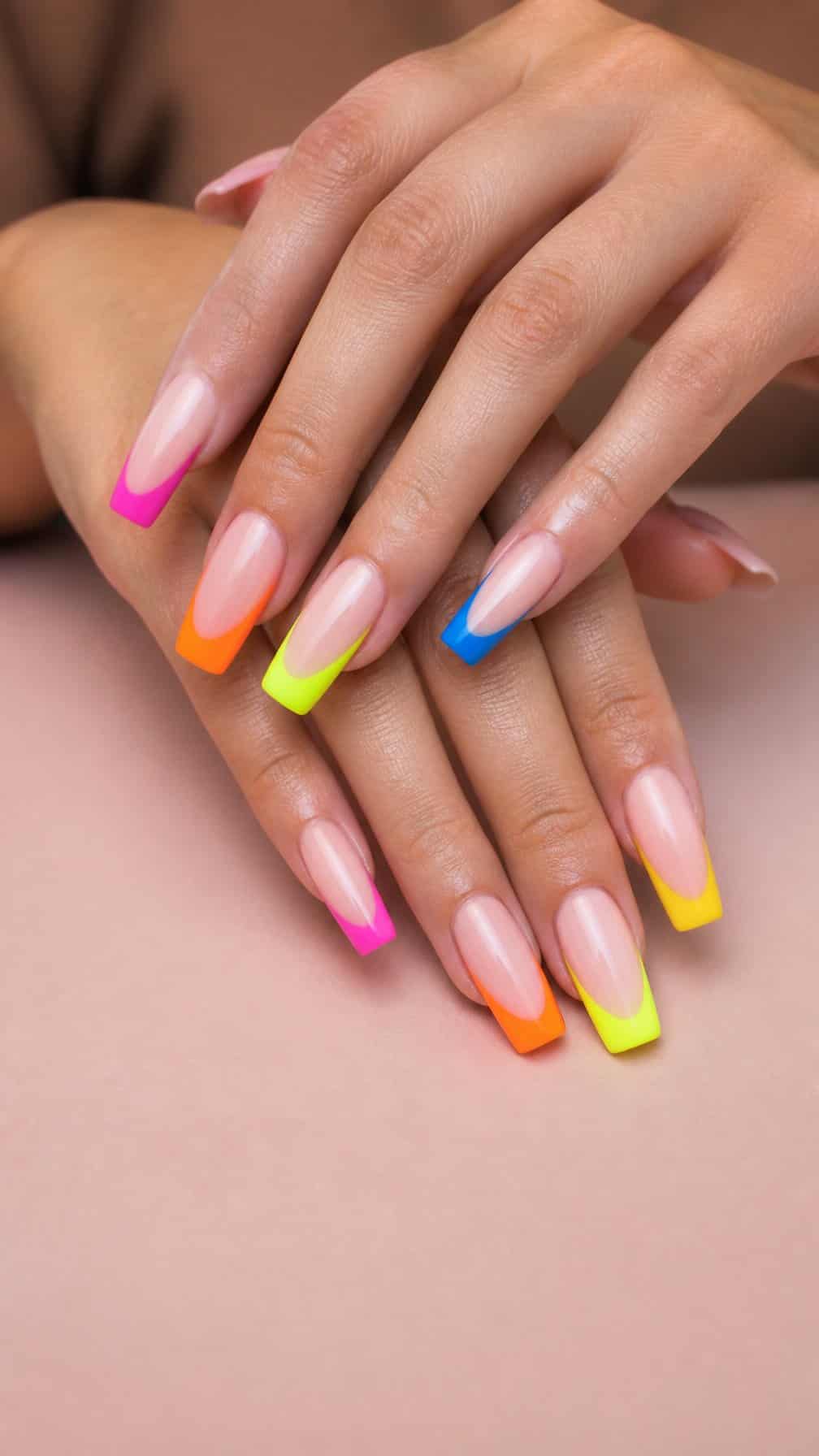 A hand displays long coffin-shaped nails with colorful neon French tips.