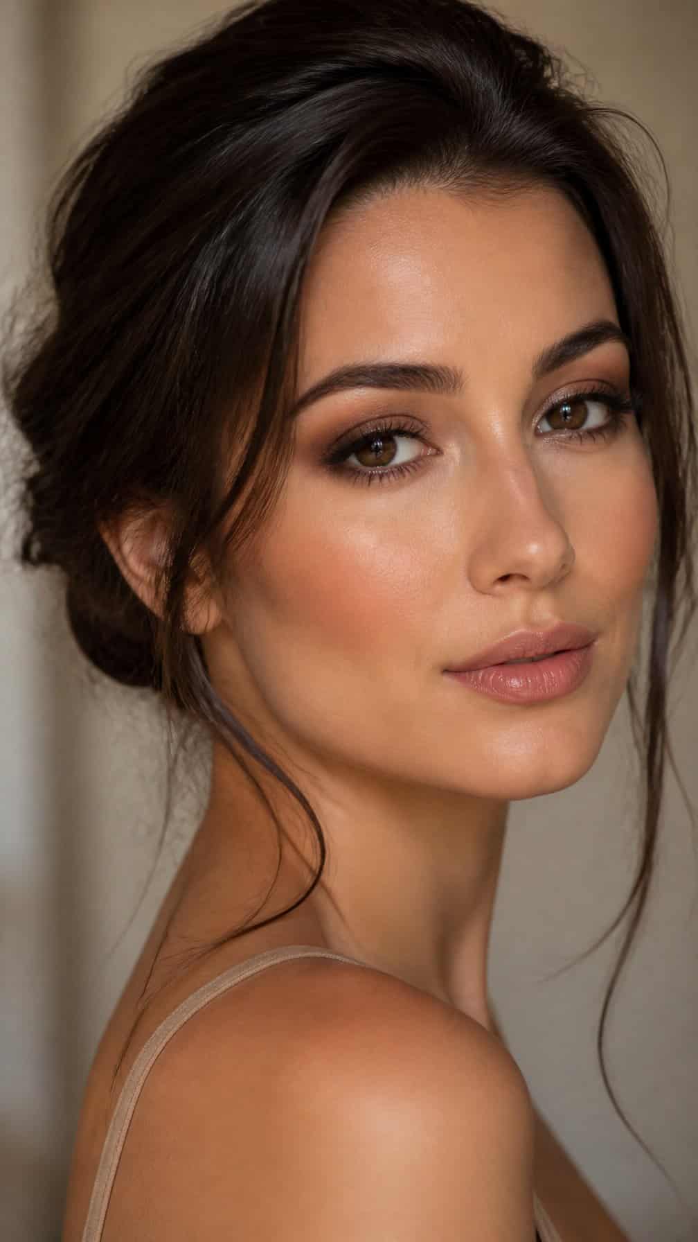 Close-up portrait of a woman wearing neutral brown smoky eye makeup.