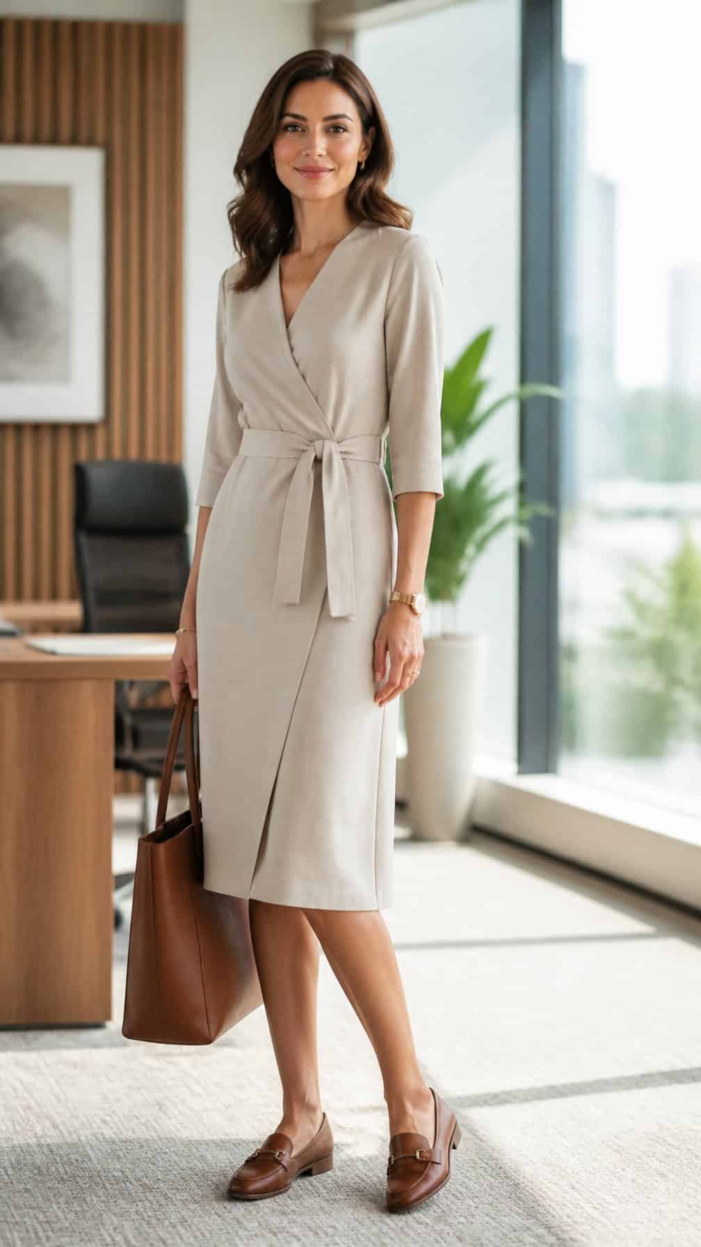 Woman in a neutral wrap dress and loafers standing in a modern office.