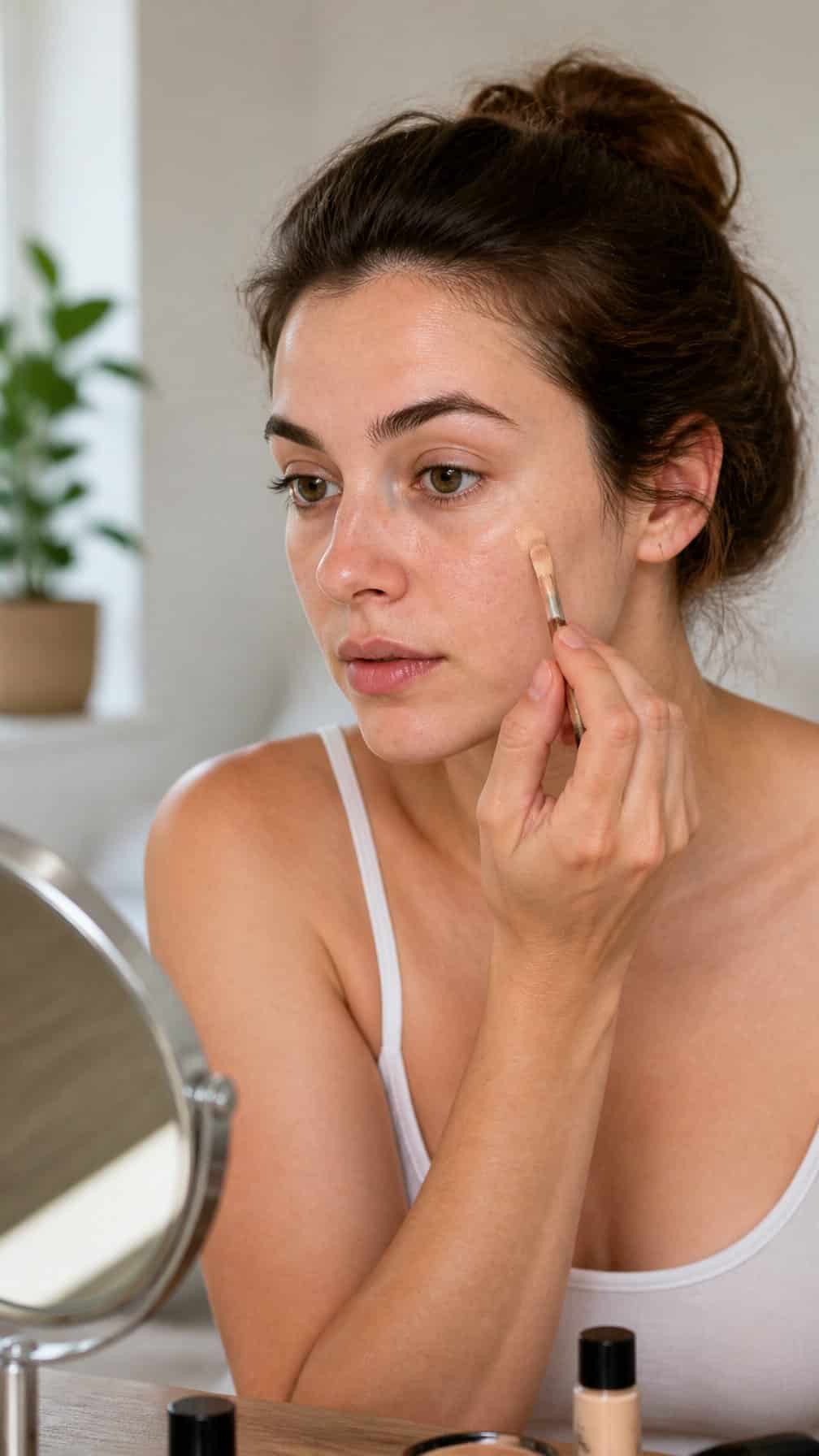 A woman applies concealer to a small blemish on her cheek at a bathroom vanity.